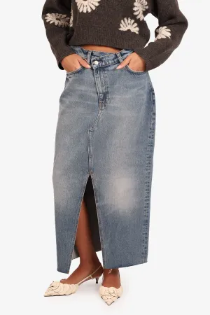 Reformation Blue Denim Distressed Midi Length Skirt Size 28