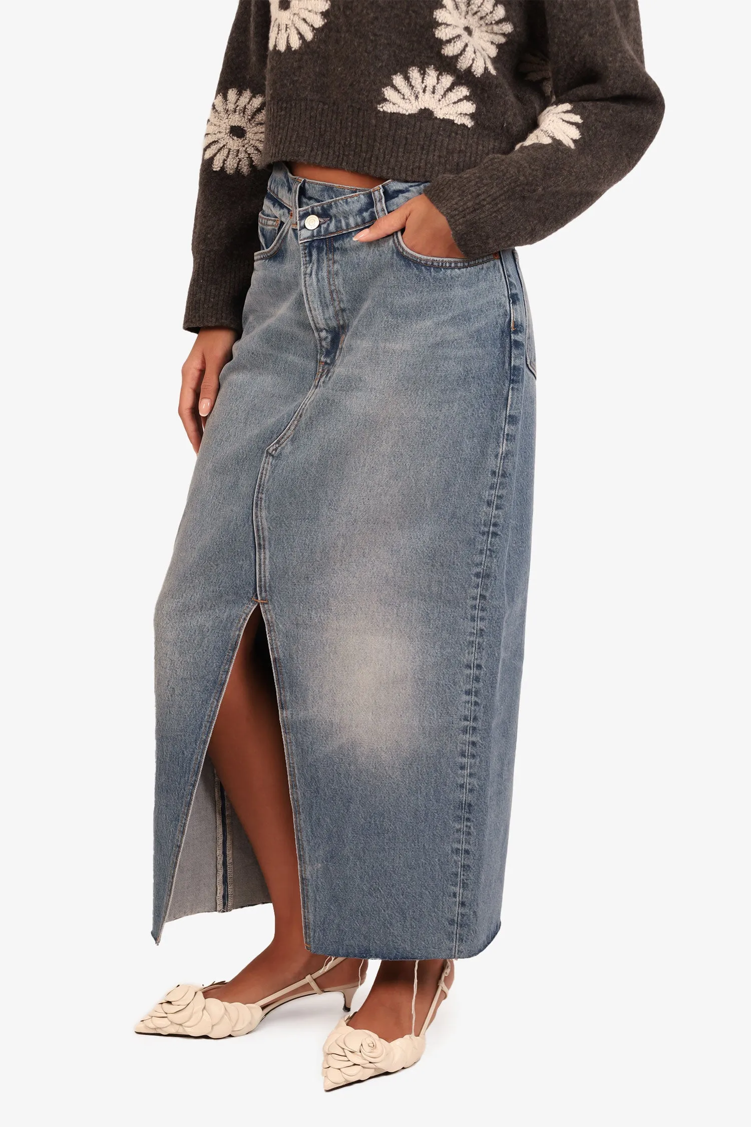 Reformation Blue Denim Vintage Midi-Rock Größe 28