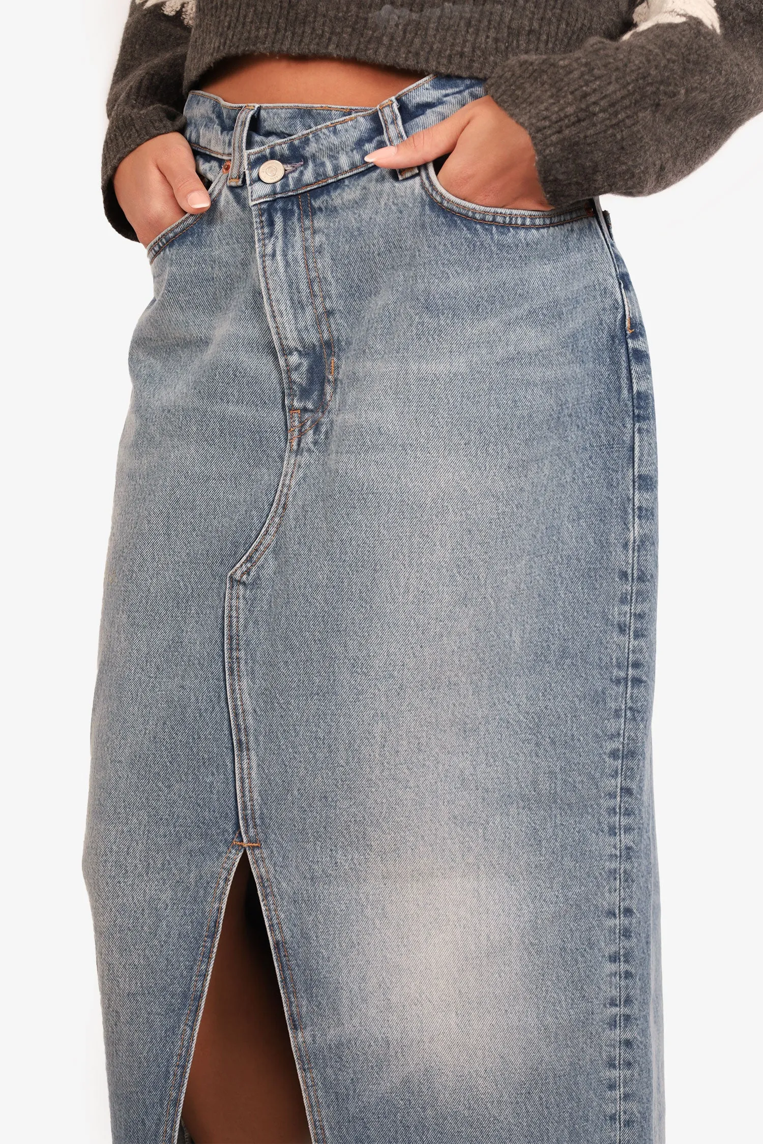 Reformation Blue Denim Vintage Midi-Rock Größe 28