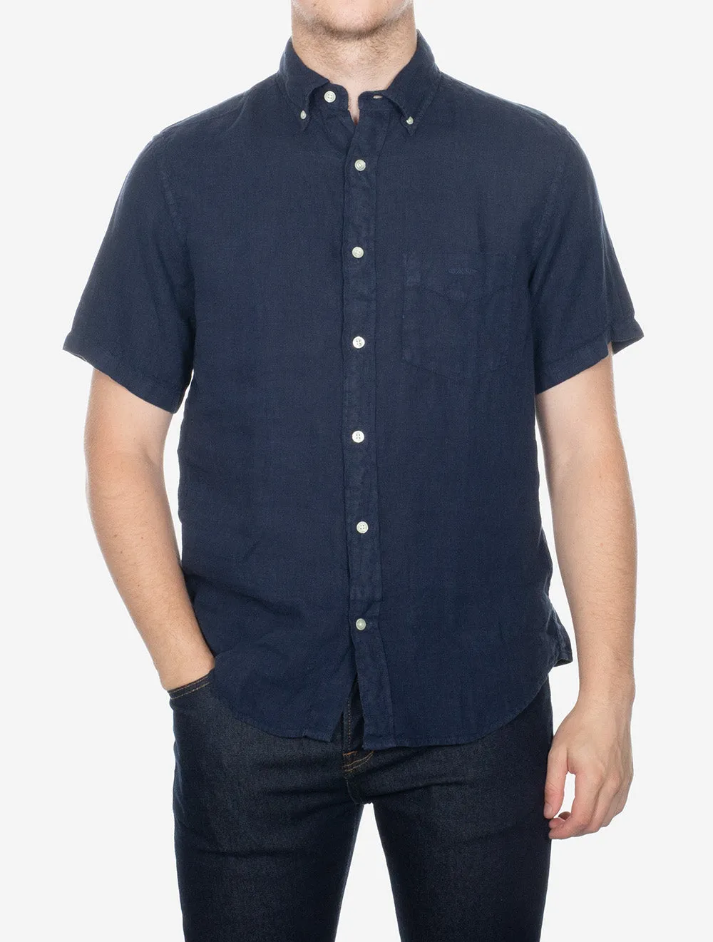 Regular Fit Garment Dyed Leinen Kurzarmhemd Marine