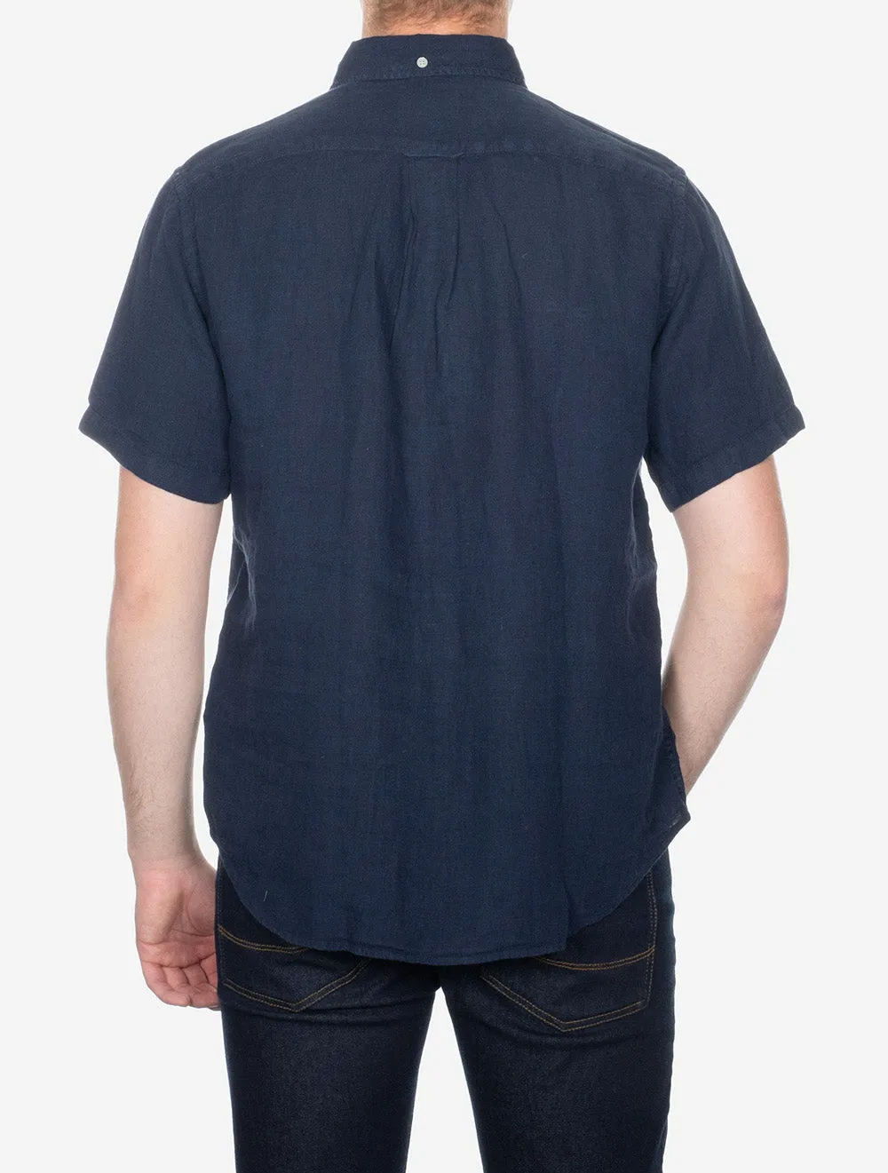 Regular Fit Garment Dyed Leinen Kurzarmhemd Marine
