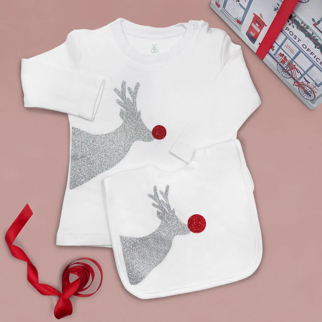 Rentier Glitzer Weihnachts T-Shirt und Lätzchen Outfit