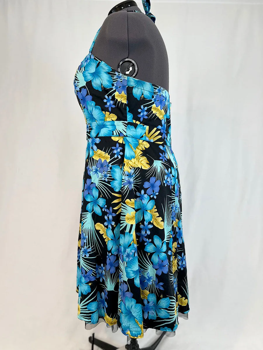 Retro Chic von Torrid Größe 24W Schwarz & Türkis Tropisches Blumenmuster Trägerkleid