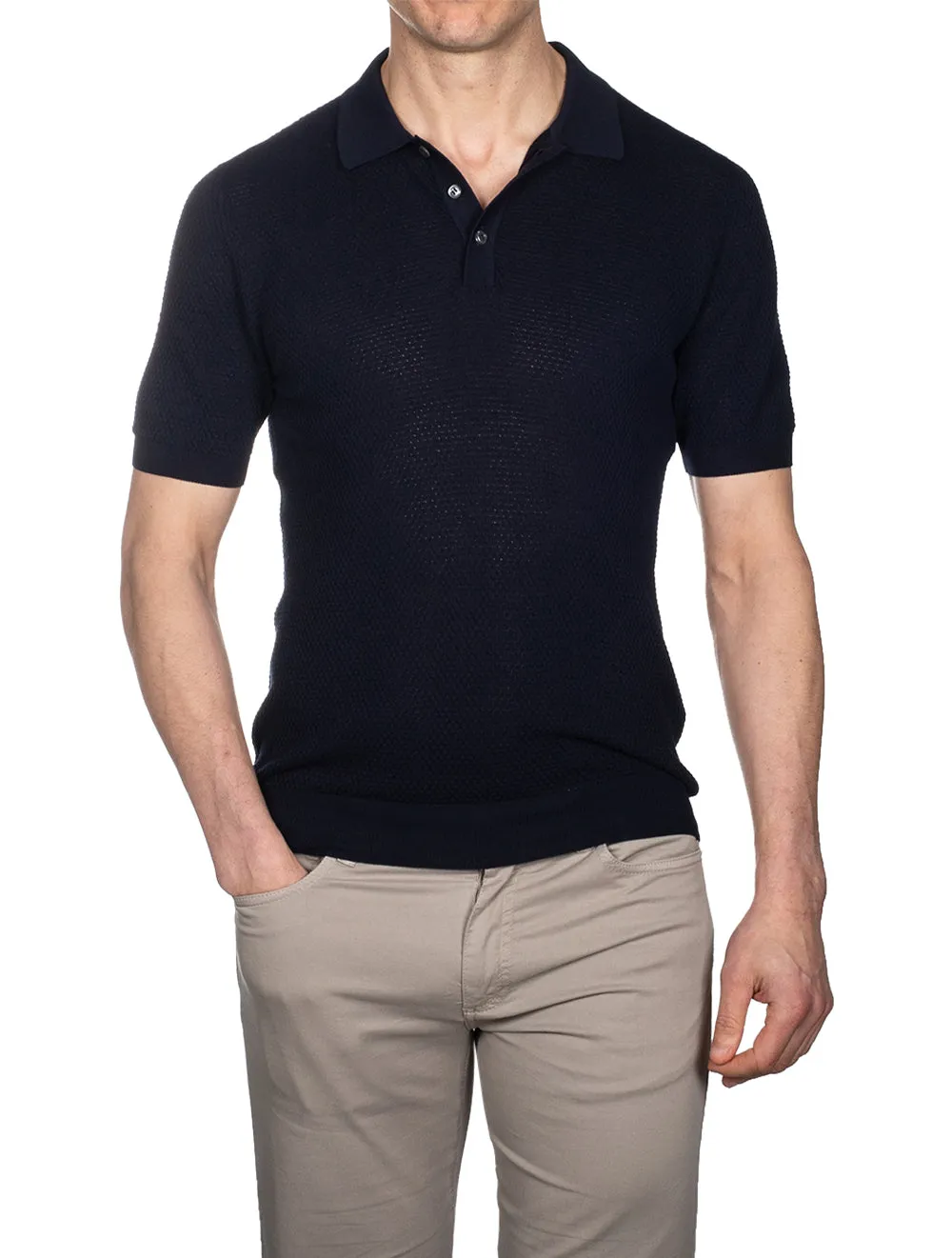 Geripptes Polohemd mit kurzen Ärmeln in Marineblau