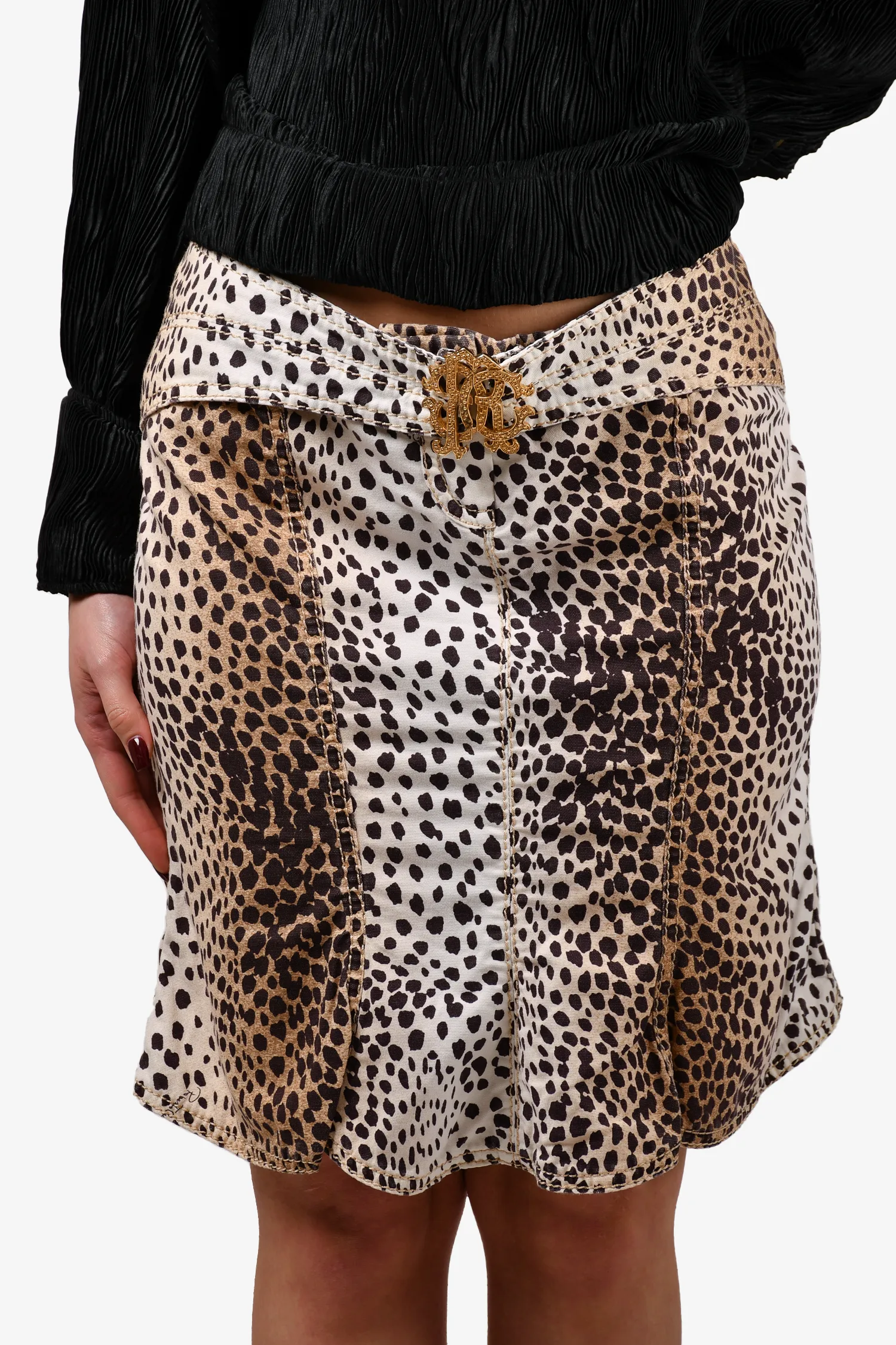 Roberto Cavalli Brauner Leopardenprint-Denimrock mit Goldschließe Größe 44