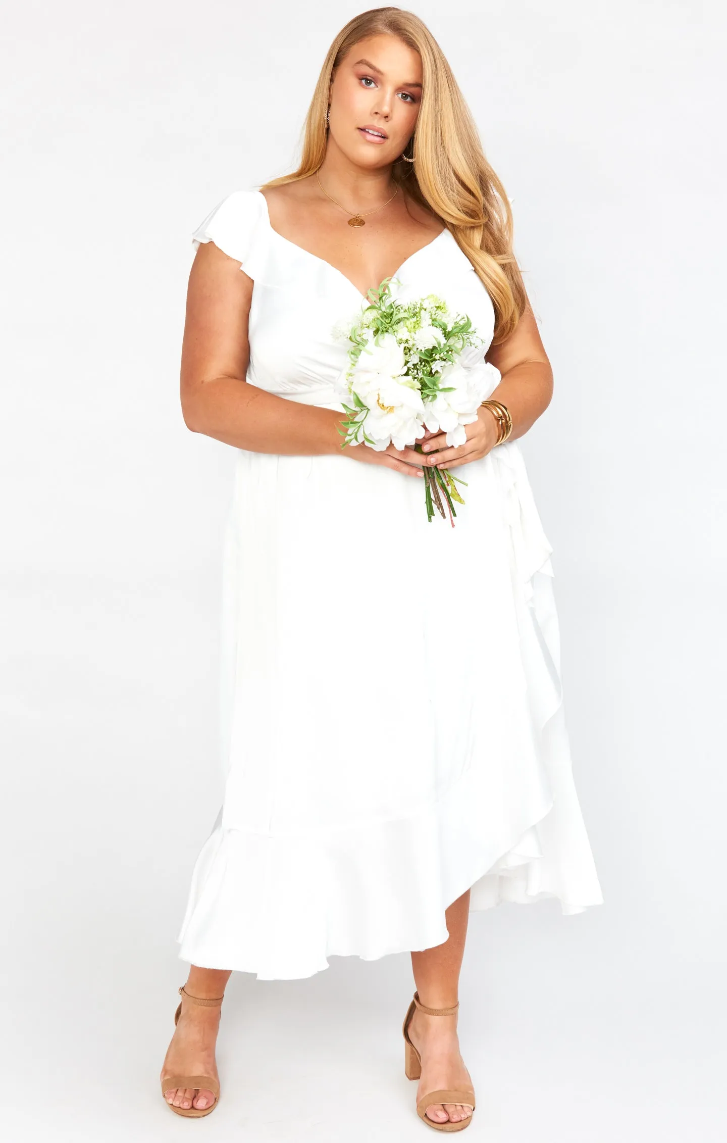 Samantha Ruffle Wickelkleid ~ Elfenbein Luxus Satin