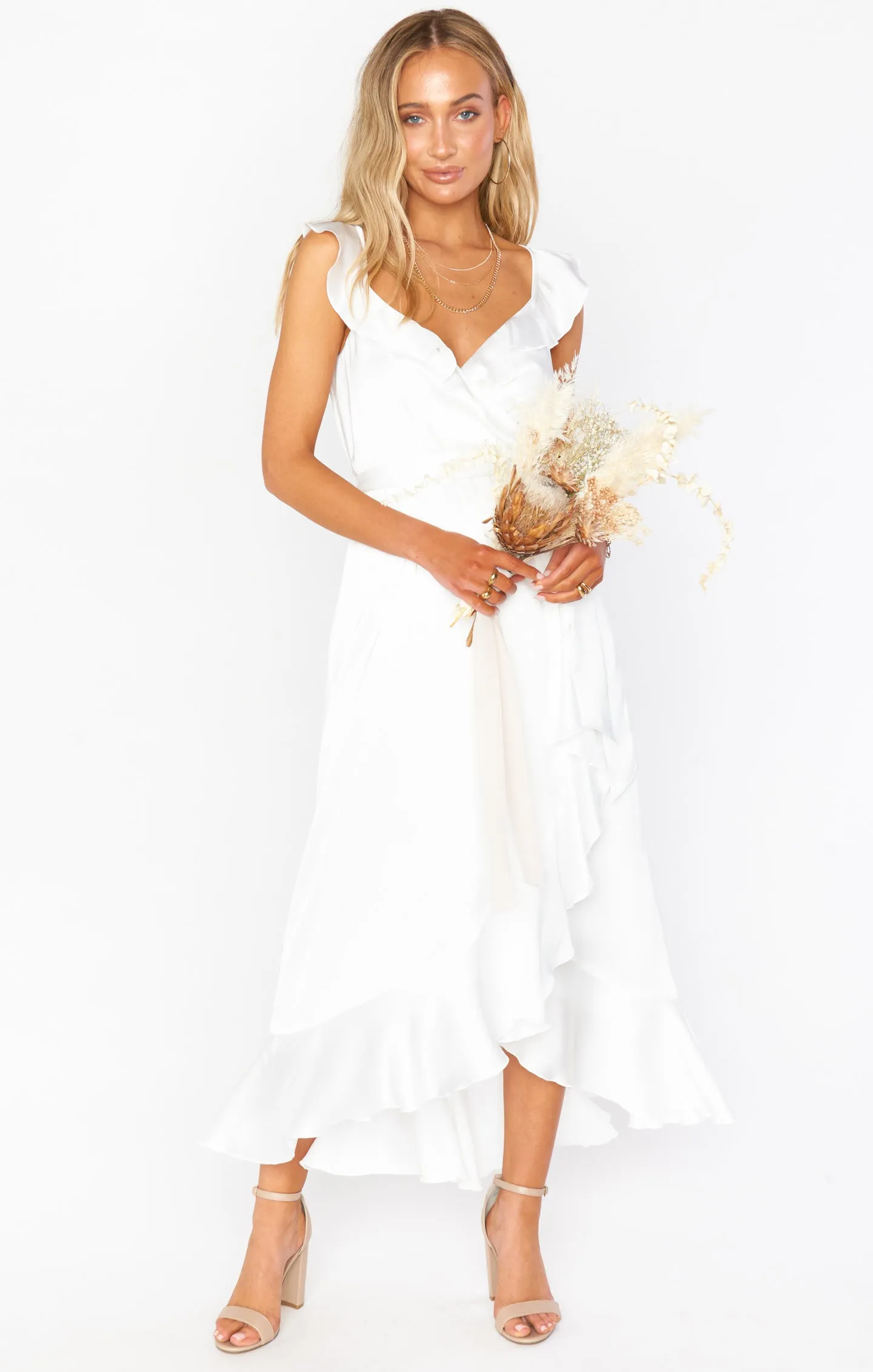 Samantha Ruffle Wickelkleid ~ Elfenbein Luxus Satin