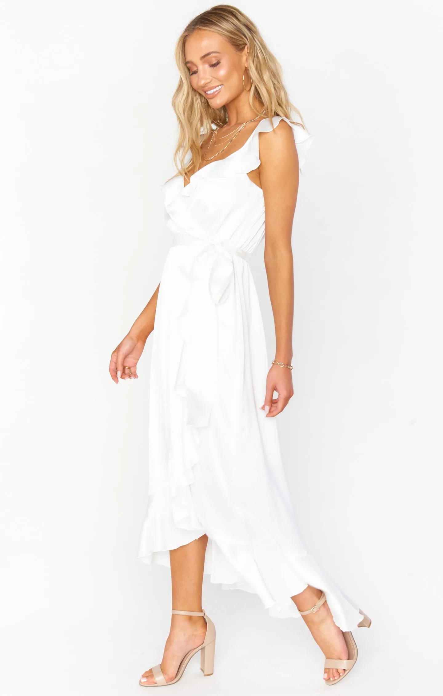 Samantha Ruffle Wickelkleid ~ Elfenbein Luxus Satin