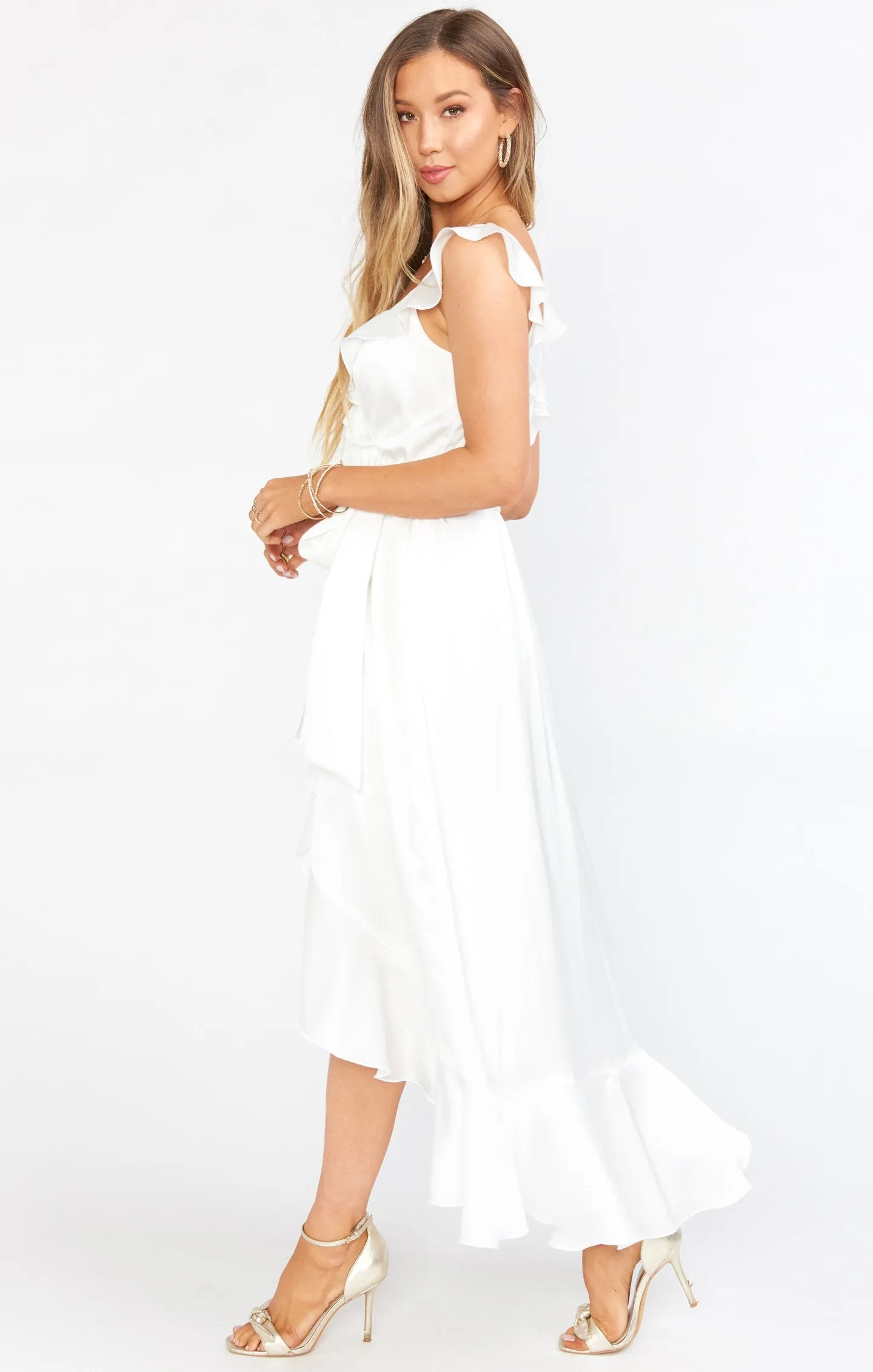 Samantha Ruffle Wickelkleid ~ Elfenbein Luxus Satin