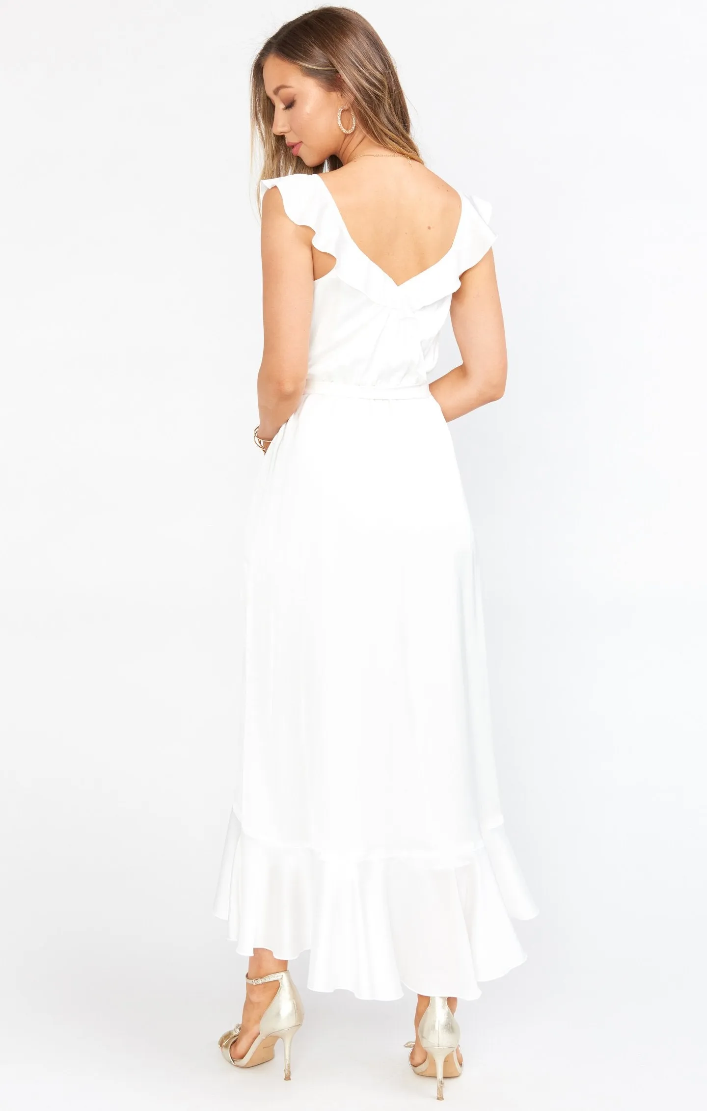 Samantha Ruffle Wickelkleid ~ Elfenbein Luxus Satin