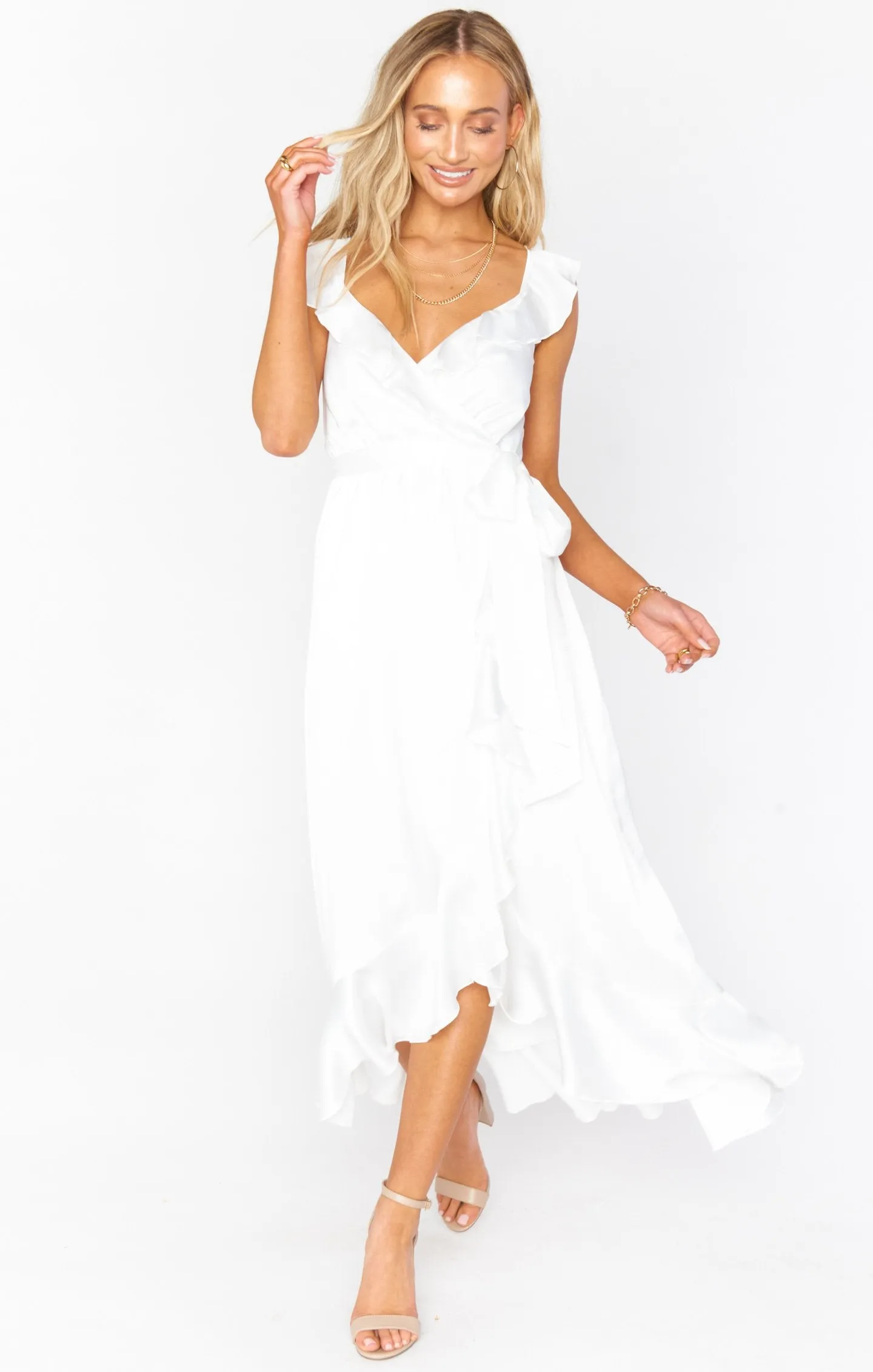 Samantha Ruffle Wickelkleid ~ Elfenbein Luxus Satin