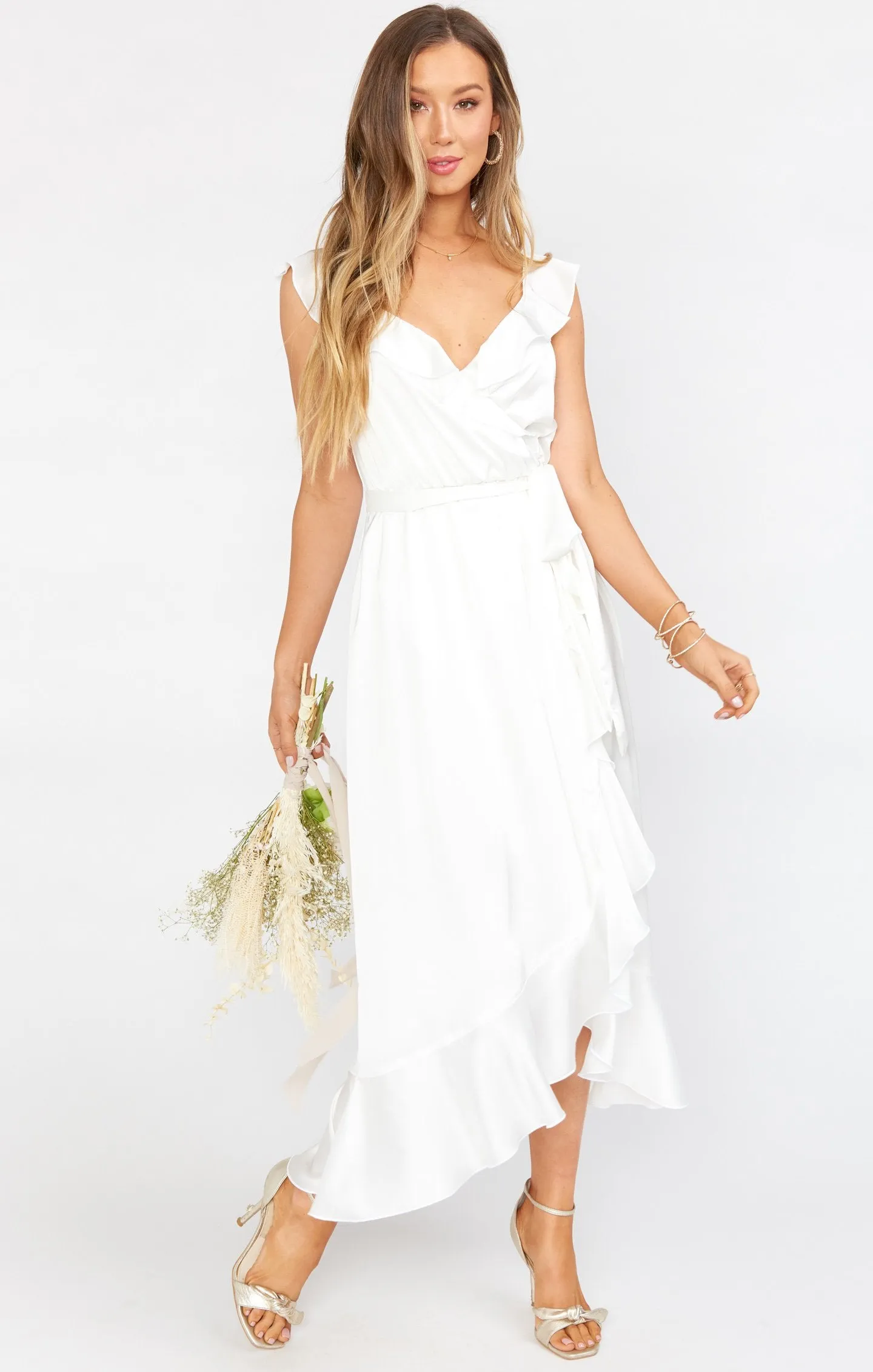 Samantha Ruffle Wickelkleid ~ Elfenbein Luxus Satin