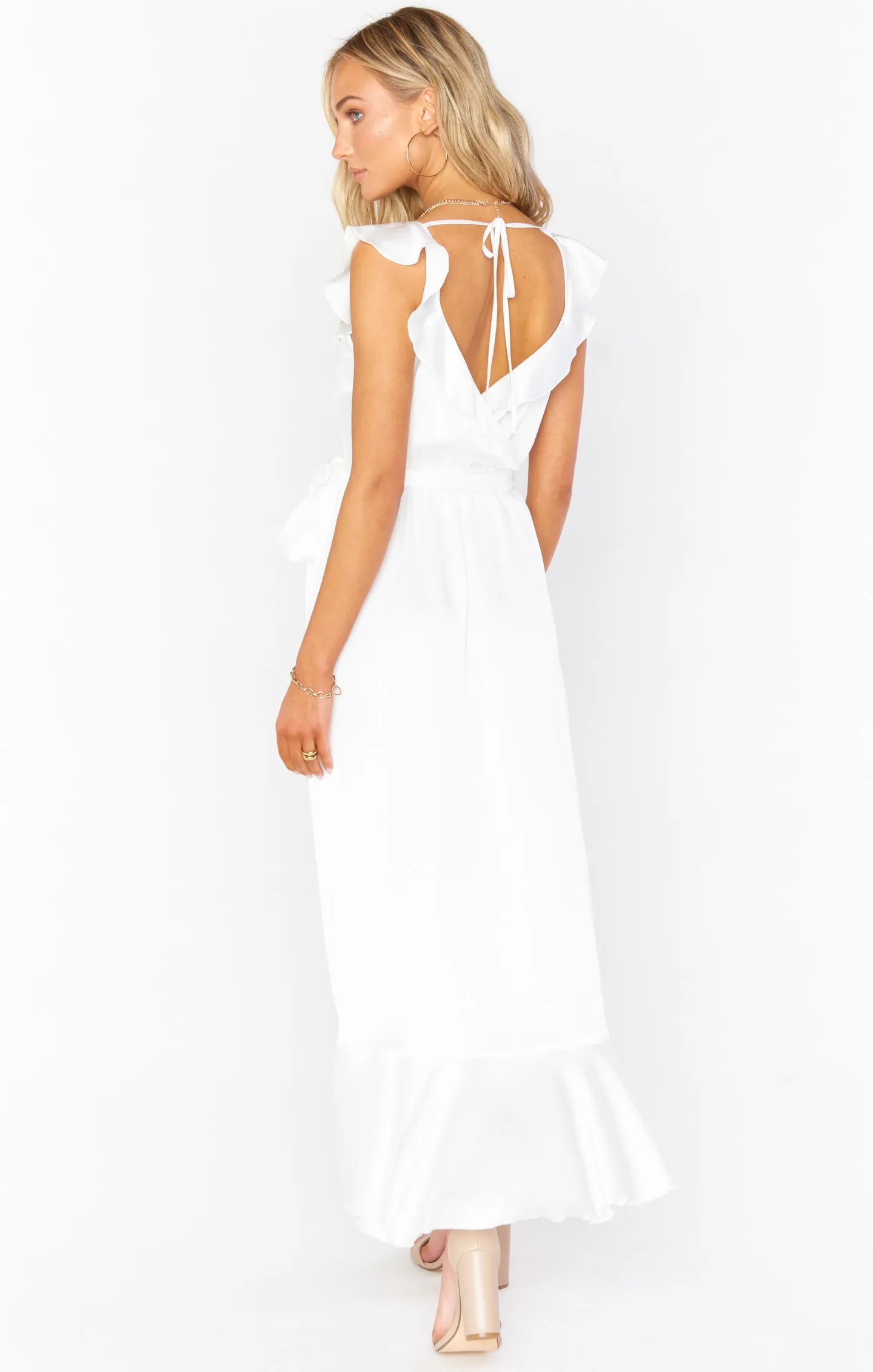 Samantha Ruffle Wickelkleid ~ Elfenbein Luxus Satin
