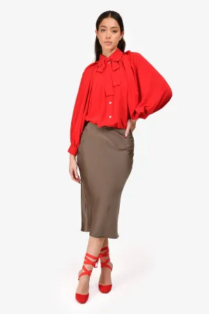 Samsoe Samsoe Olive Green Satin 'Agneta' Midi Skirt Size XS