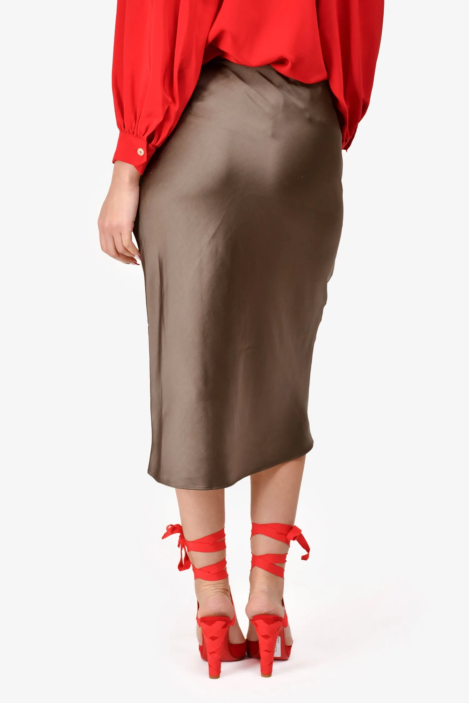 Samsoe Samsoe Olivegrüner Satin 'Agneta' Midi-Rock Größe XS