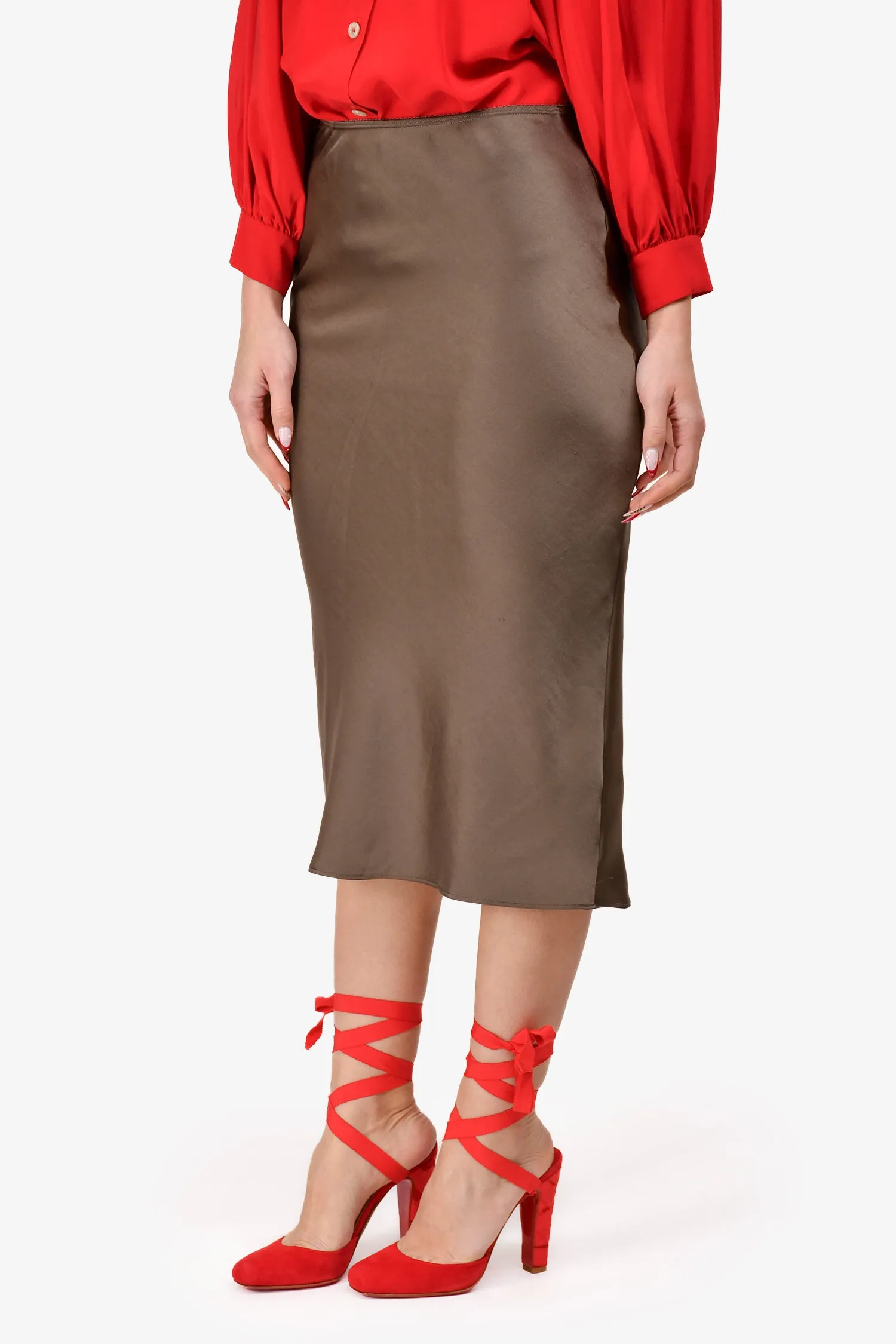 Samsoe Samsoe Olivegrüner Satin 'Agneta' Midi-Rock Größe XS