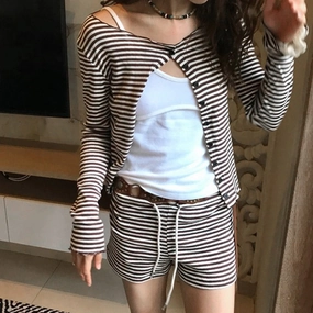 September Striped Cardigan Shorts Set