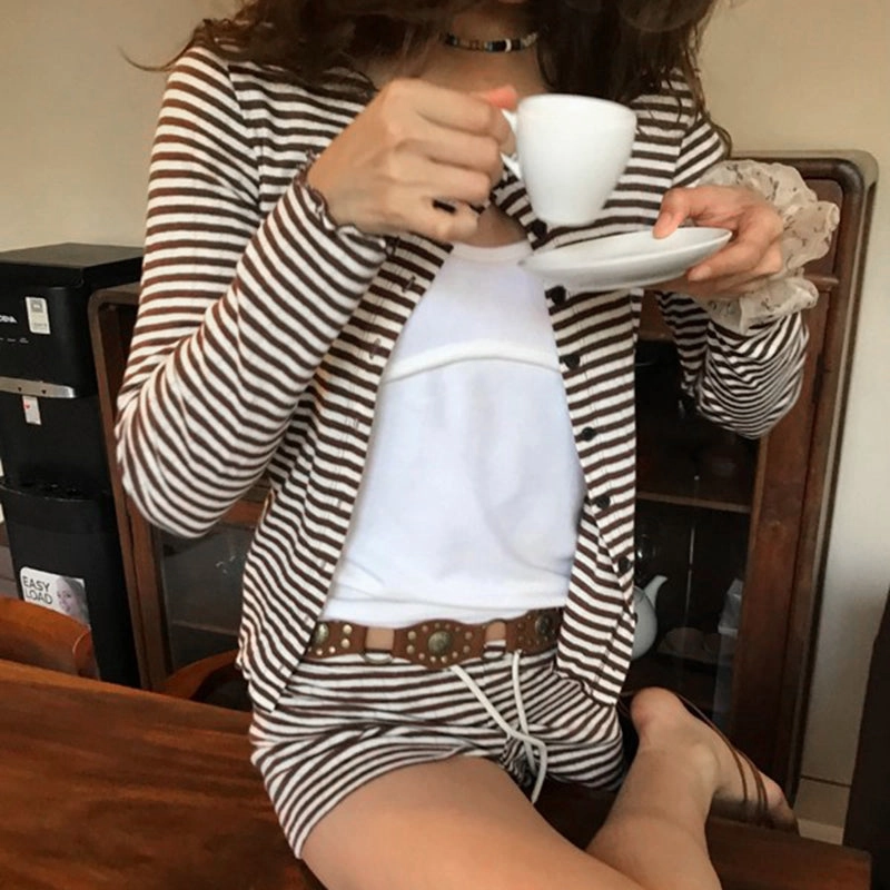 September Striped Cardigan Shorts Set