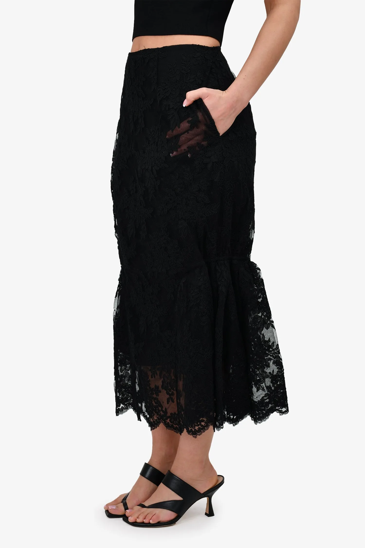 Simone Rocha Maxi-Rock mit schwarzer Spitzenapplikation in Größe 10