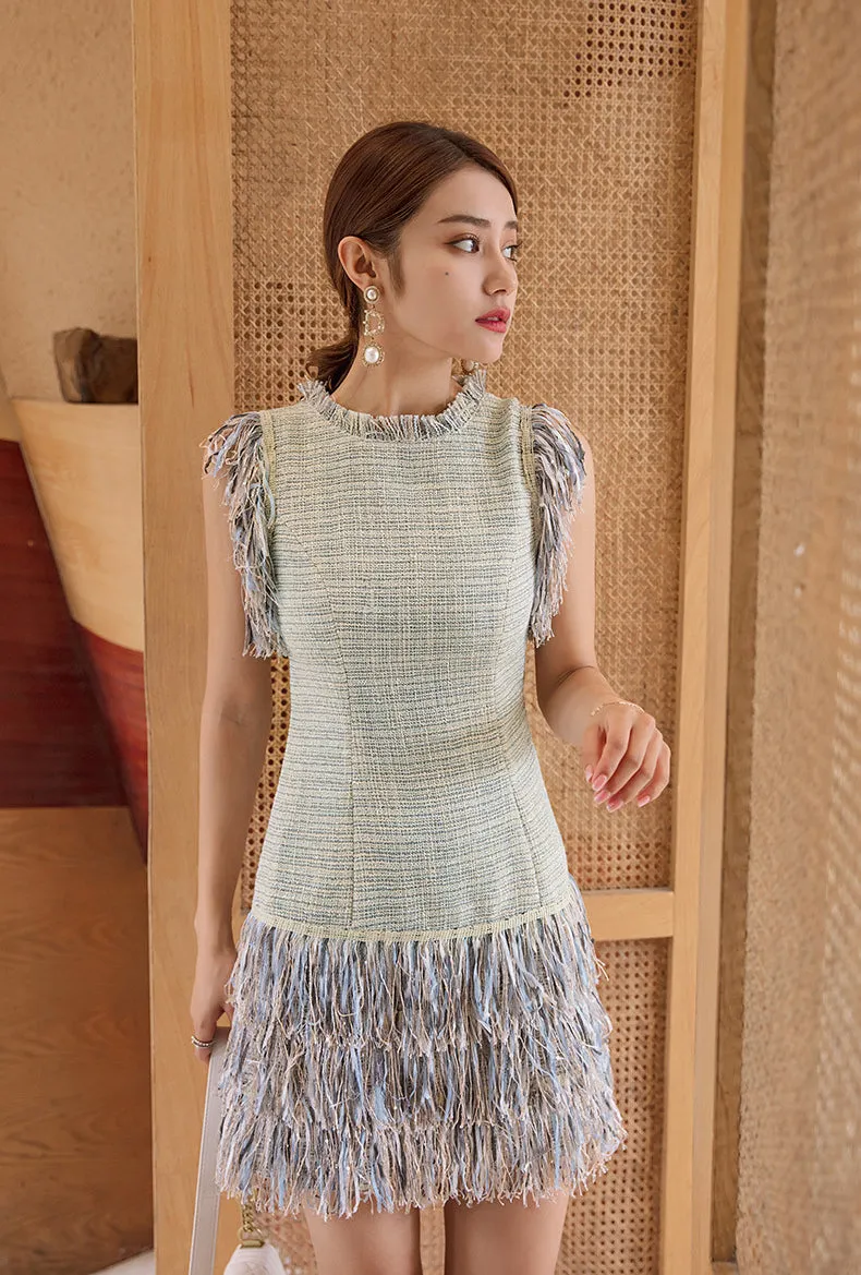Ärmelloses Tweed-Fransen-Bodycon-Casual-Minikleid
