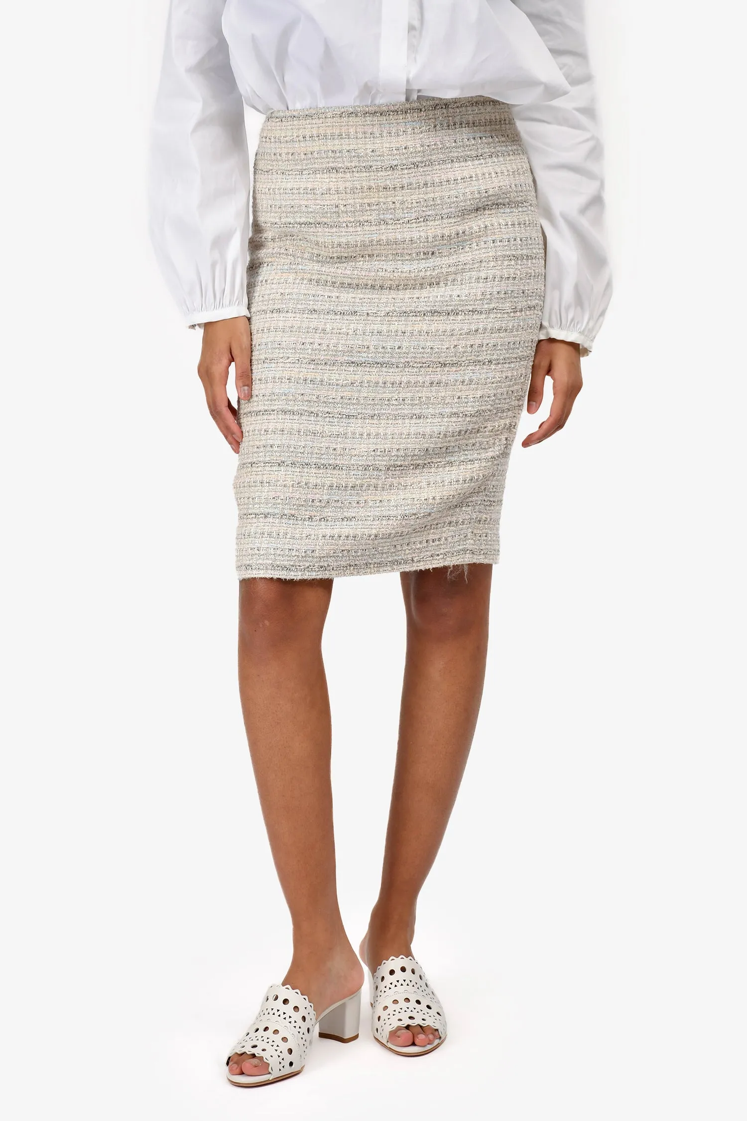 St. John Couture Weiß/Grau Tweed-Midirock Größe 2