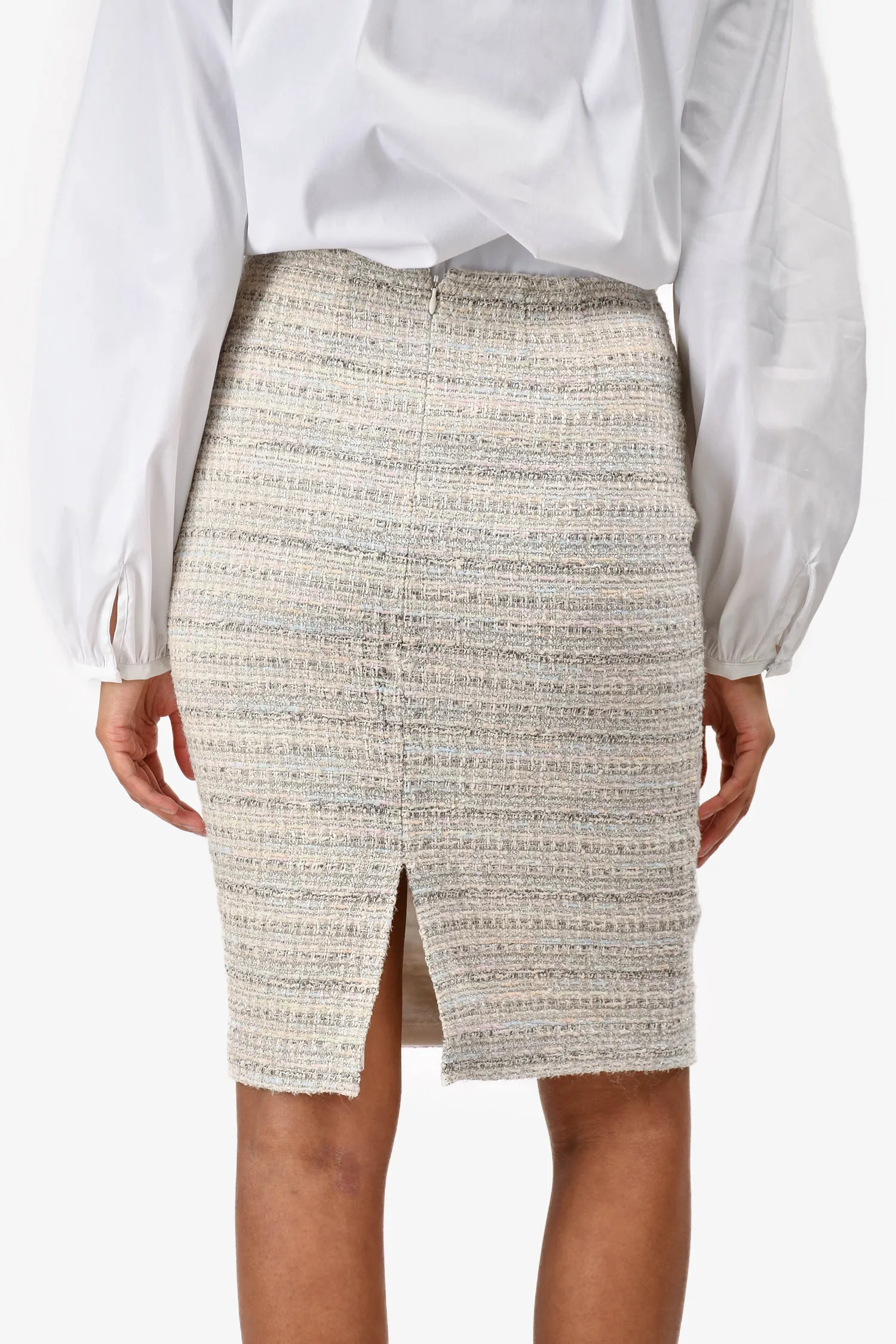 St. John Couture Weiß/Grau Tweed-Midirock Größe 2