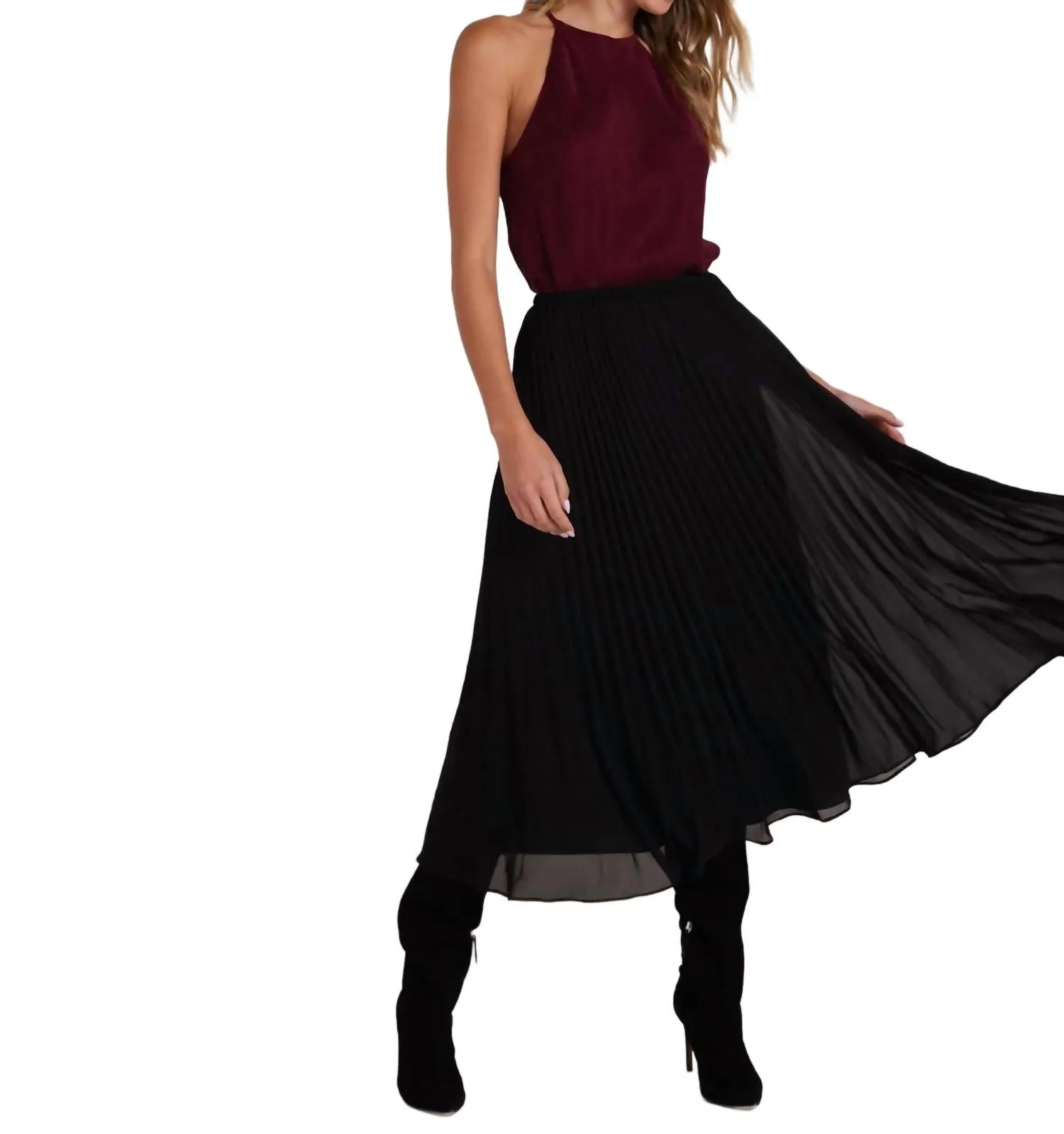 Sunburst Plissierter Midirock in Schwarz