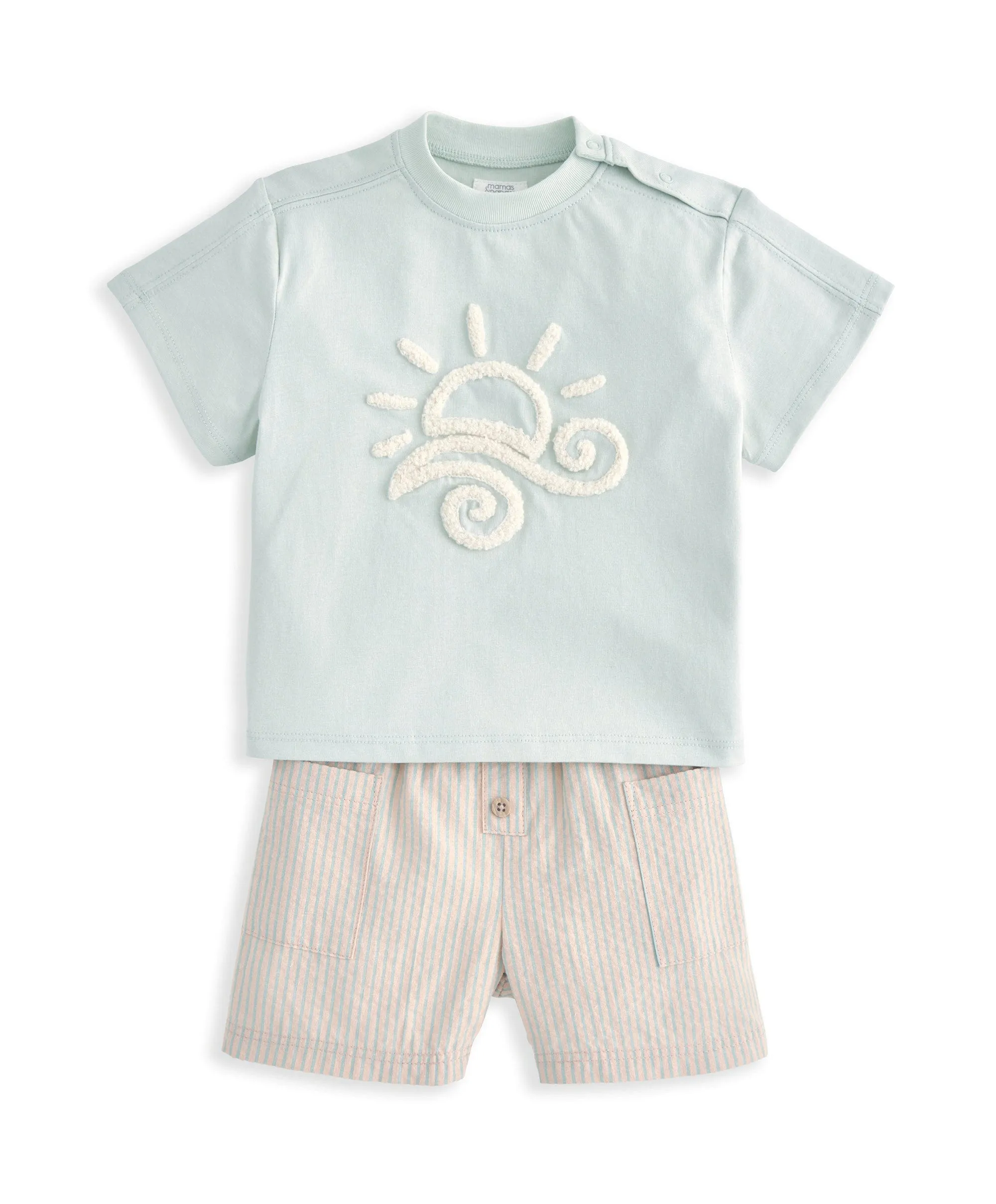 Sonnenbesticktes Oberteil & Gestreifte Shorts Set (2-teilig) - Babyblau