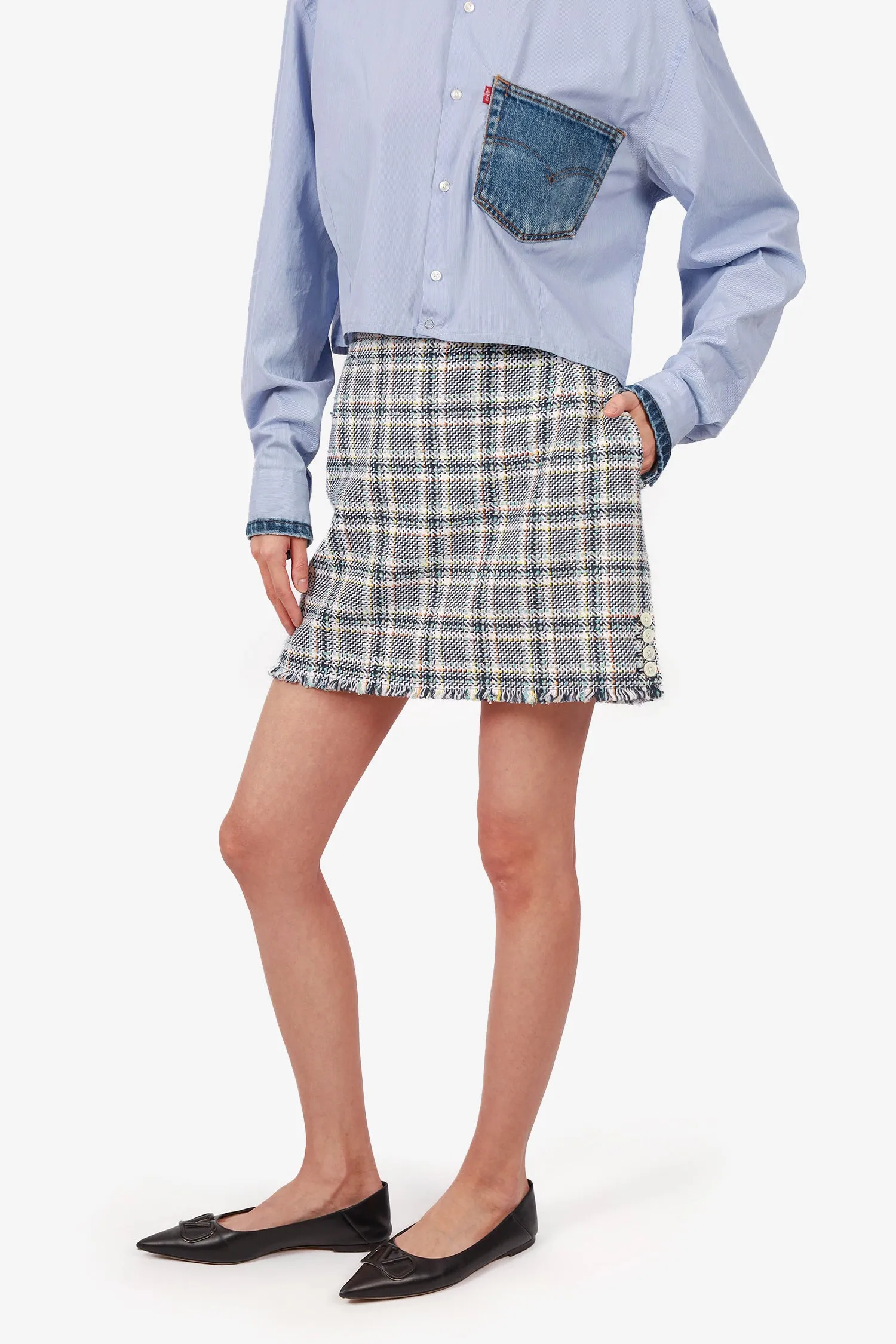 Thom Browne Weiß/Schwarz Tweed Karo Minirock Größe 44