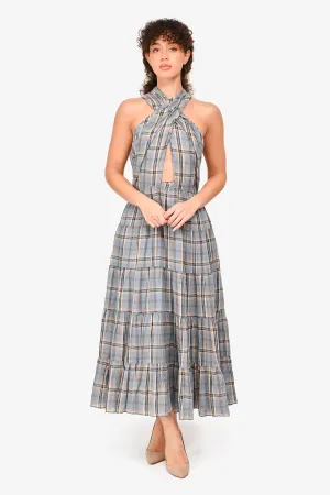 Ulla Johnson Blue Plaid Twist Front Maxi Dress Size 6