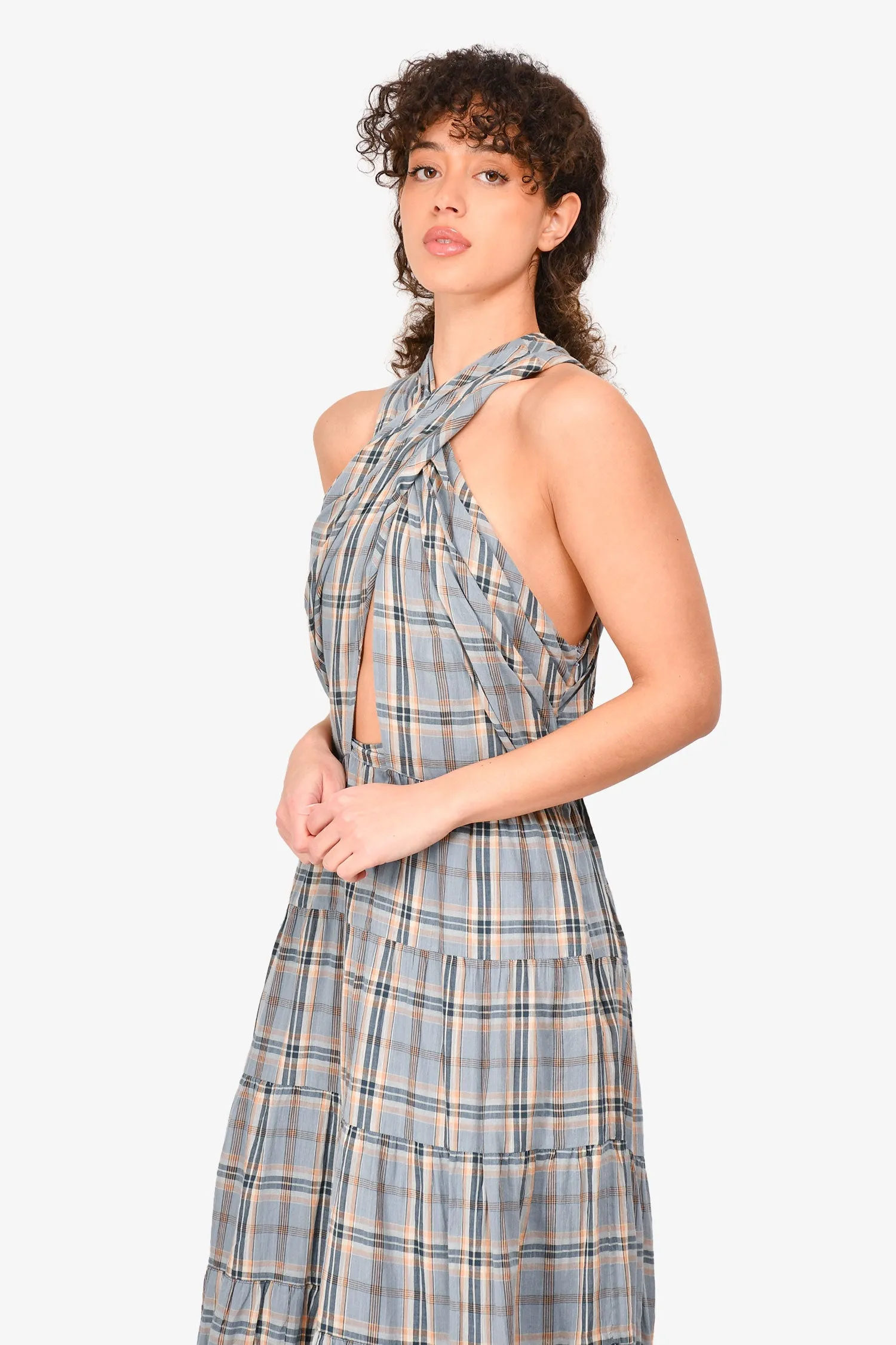Ulla Johnson Blau kariertes Twist-Front Maxikleid Größe 6