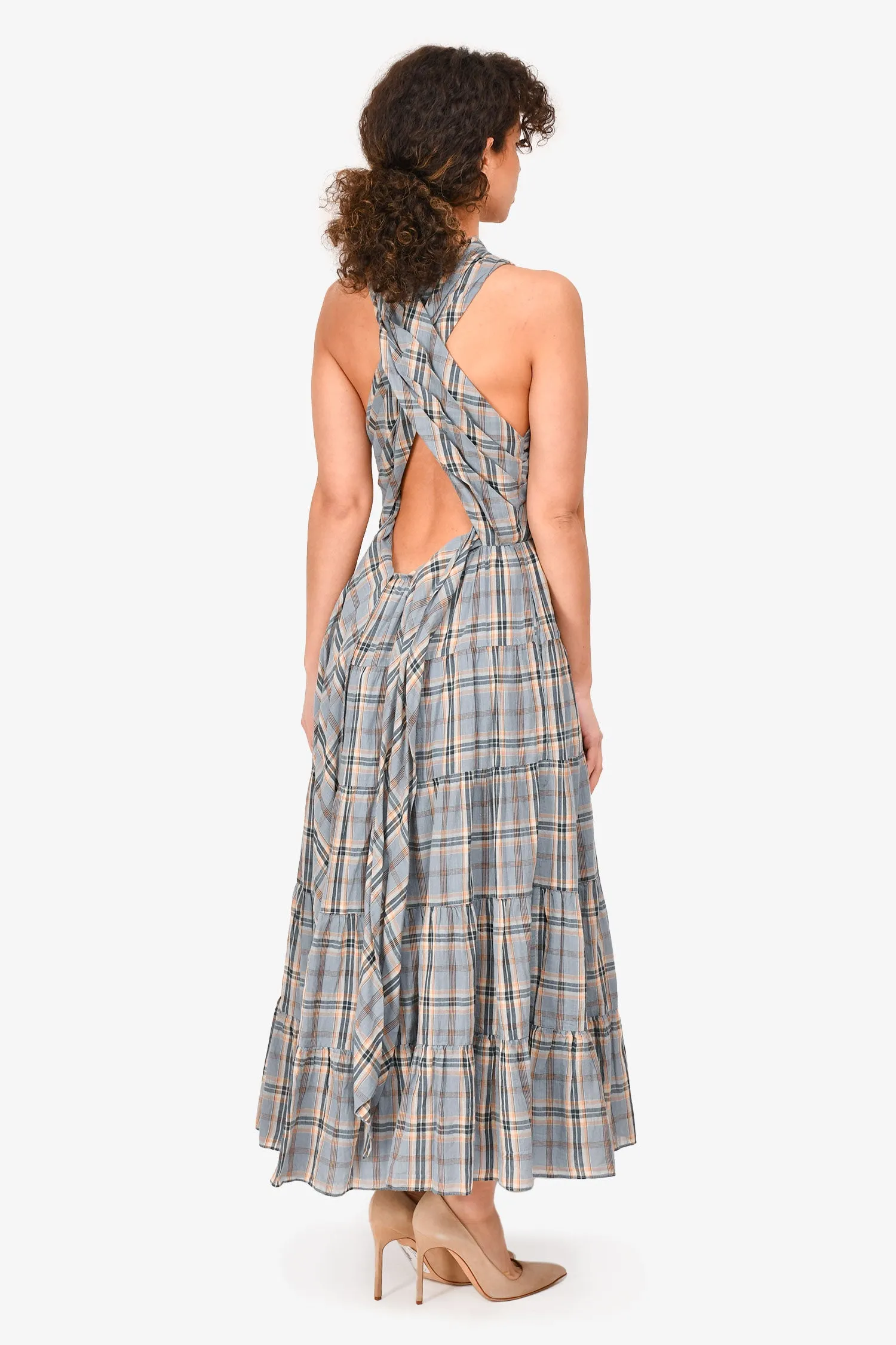 Ulla Johnson Blau kariertes Twist-Front Maxikleid Größe 6