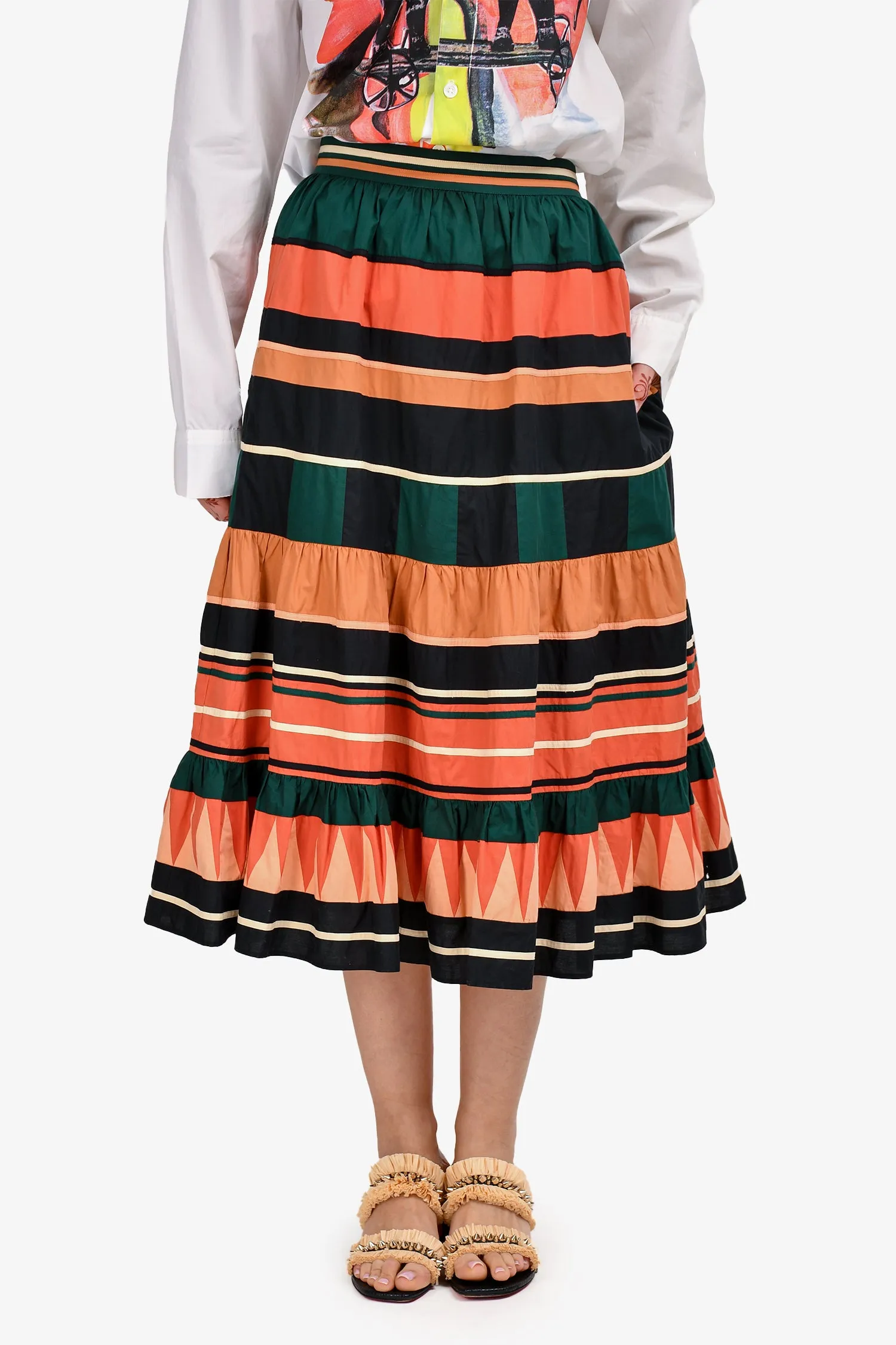 Ulla Johnson Mittel-langer Etagenrock in Orange/Grün/Schwarz Größe 2