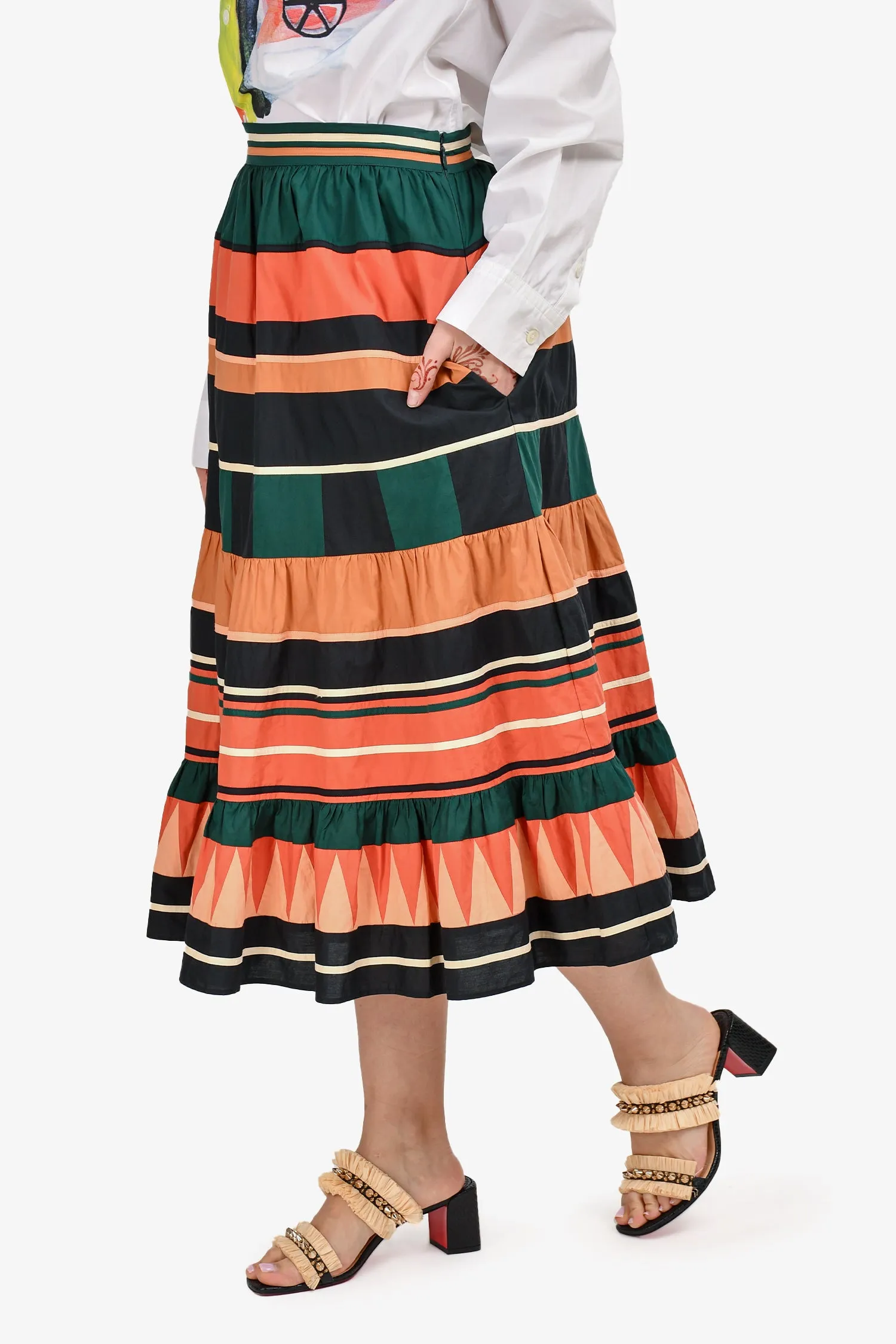 Ulla Johnson Mittel-langer Etagenrock in Orange/Grün/Schwarz Größe 2
