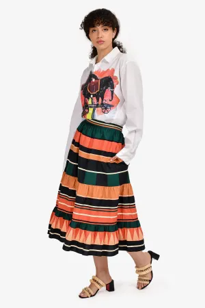 Ulla Johnson Orange/Green/Black Midi Tiered Skirt Size 2