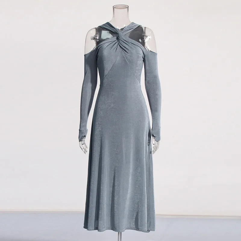 V-Ausschnitt Langarm Kleid mit Lochmuster in Uni-Farbe