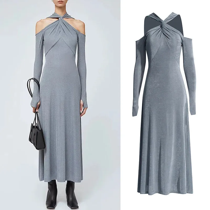 V-Ausschnitt Langarm Kleid mit Lochmuster in Uni-Farbe
