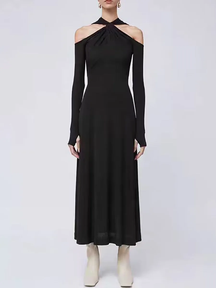 V-Ausschnitt Langarm Kleid mit Lochmuster in Uni-Farbe