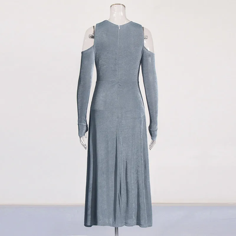 V-Ausschnitt Langarm Kleid mit Lochmuster in Uni-Farbe