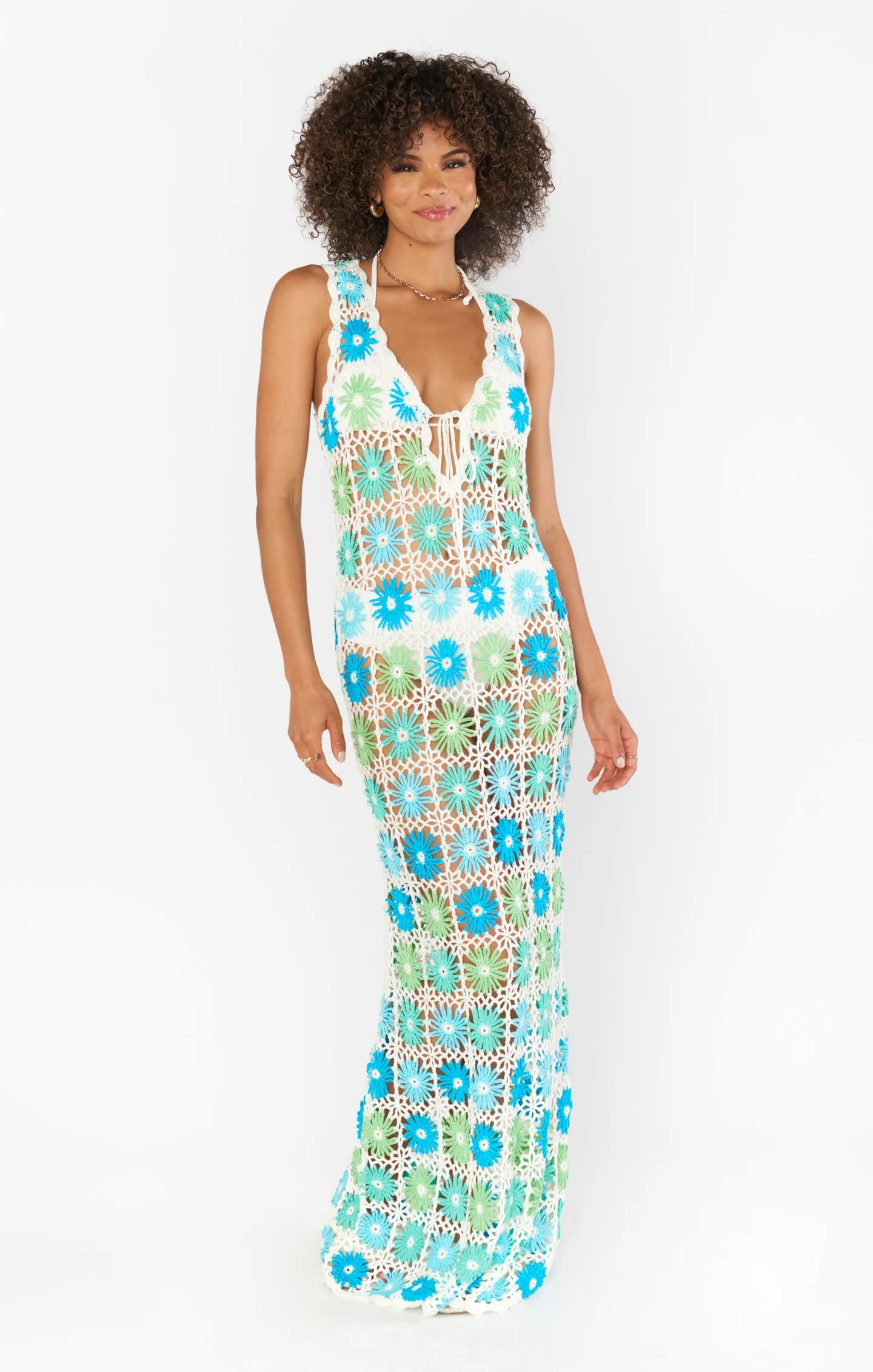 Vacay Tank Coverup ~ Weiße Mehrfarbige Blumen Häkelarbeit