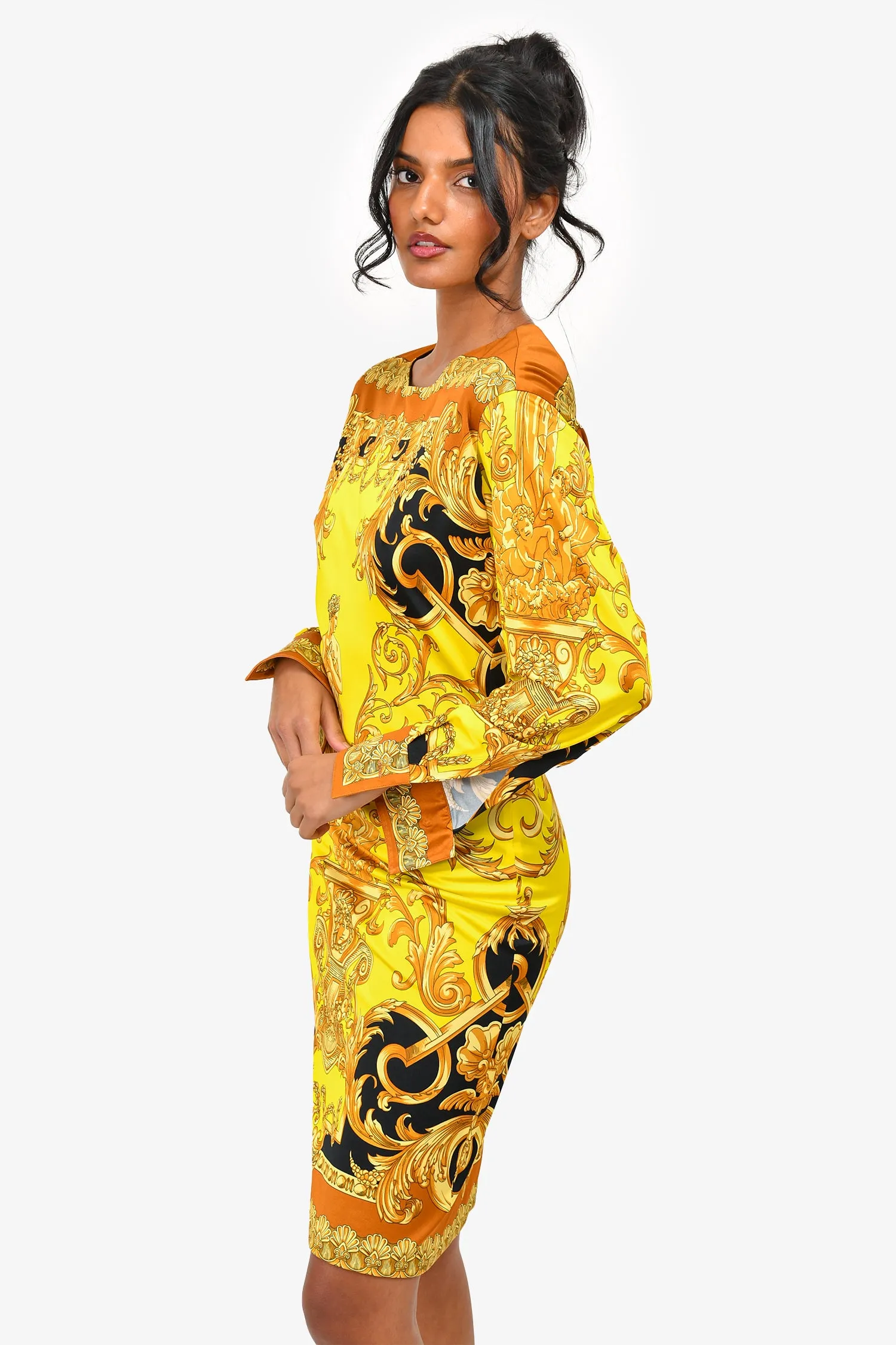 Versace Gelb/Schwarz Barock-Midi-Kleid Größe 36