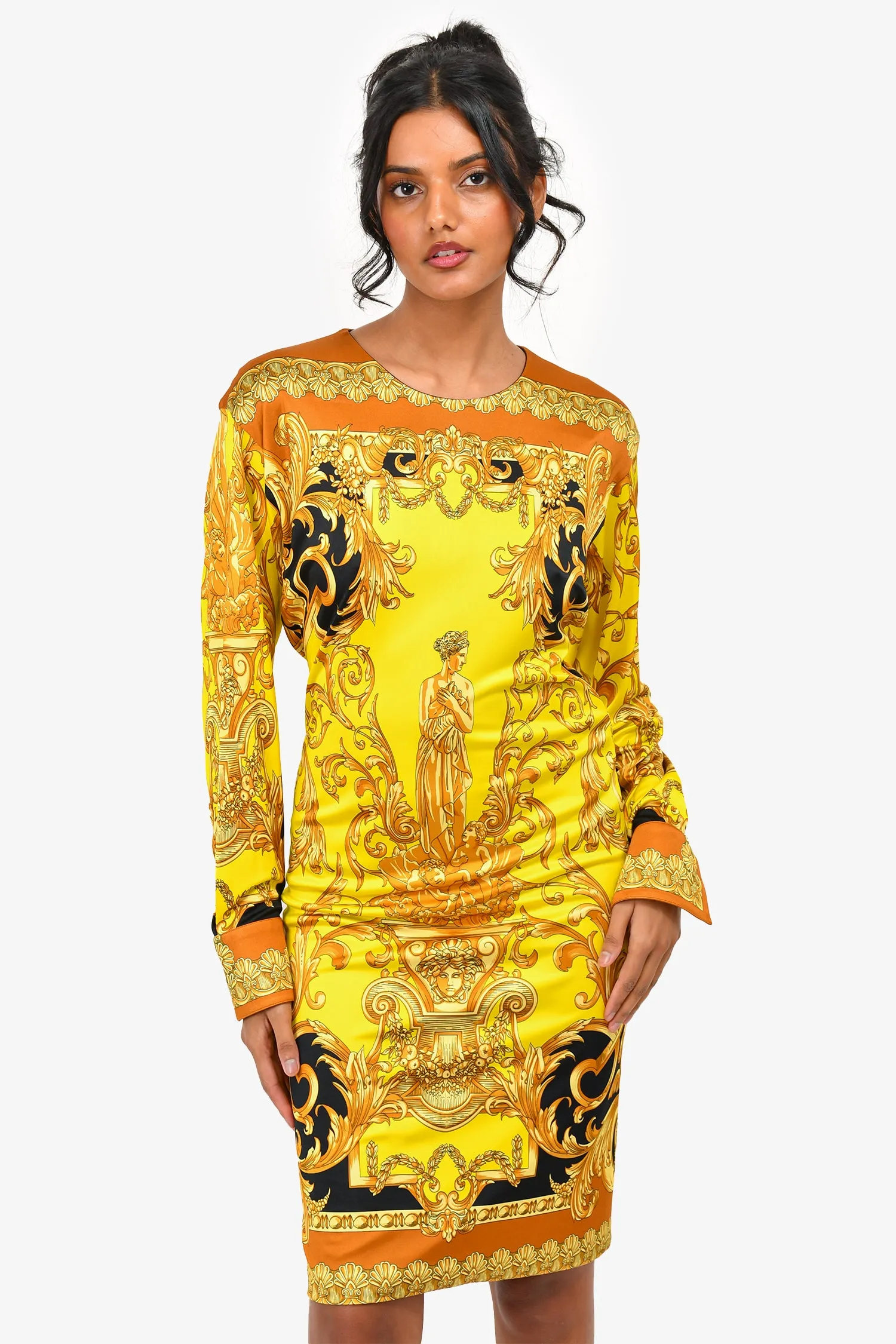 Versace Gelb/Schwarz Barock-Midi-Kleid Größe 36