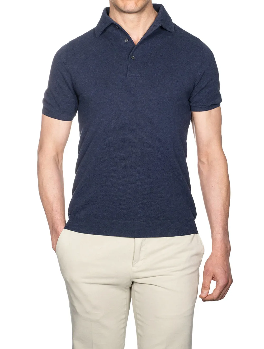 Webstoff Kurzarm Polo mit 3 Knöpfen Blau