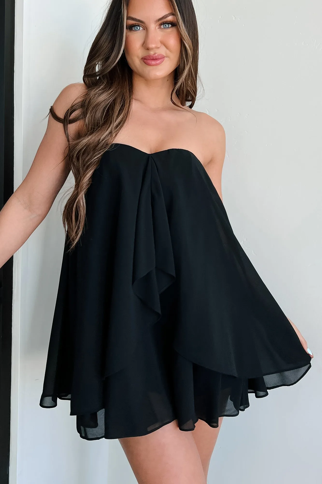 Verspieltes Rüschen-Chiffon Sweetheart Minikleid (Schwarz)