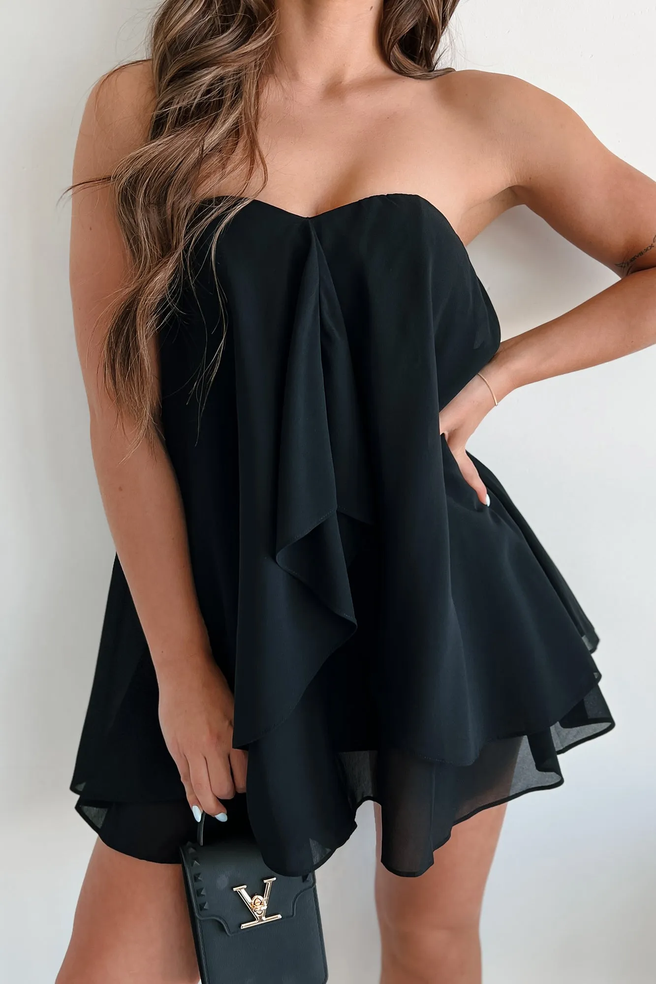 Verspieltes Rüschen-Chiffon Sweetheart Minikleid (Schwarz)