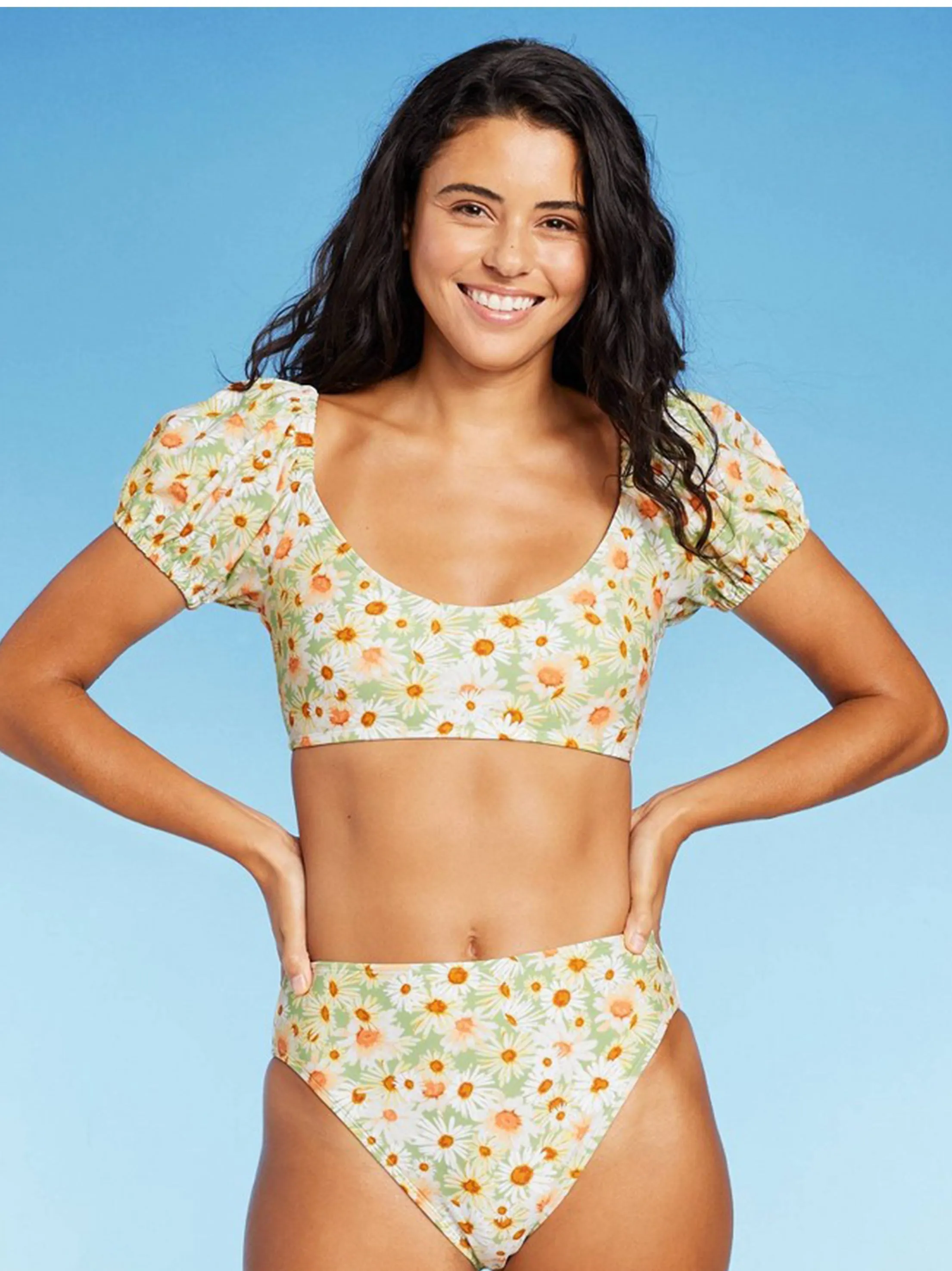 Damen-Bikini-Oberteil mit Blumenprint und Puffärmeln, Mehrfarbig