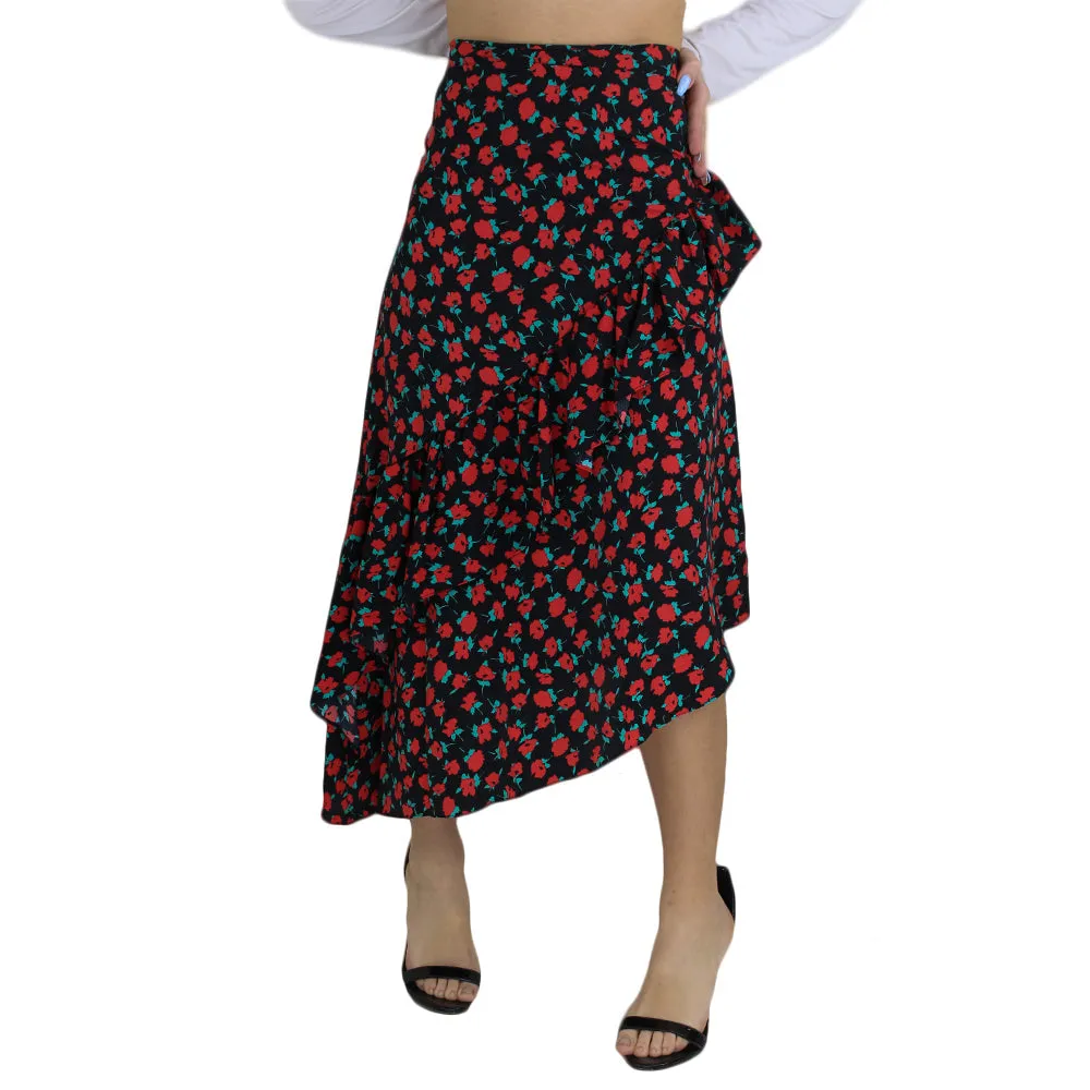 Damen-Midi-Rock mit Blumenmuster und Rüschen, Schwarz