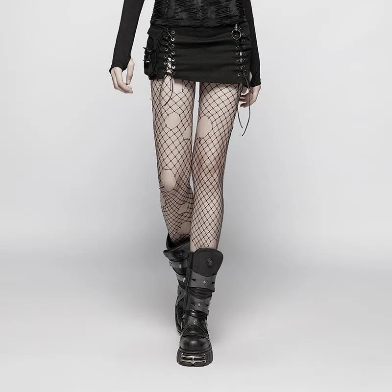 Damen-Punk-Criss-Cross-Schnürung-Denim-Minirock