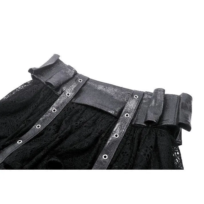 Damen-Punk-Faux-Leder-Splice-Spitzenrock