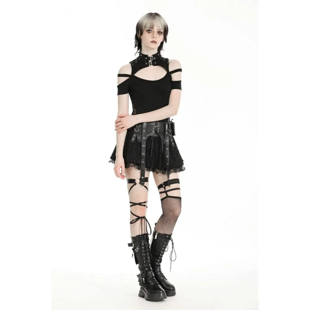 Damen-Punk-Faux-Leder-Splice-Spitzenrock